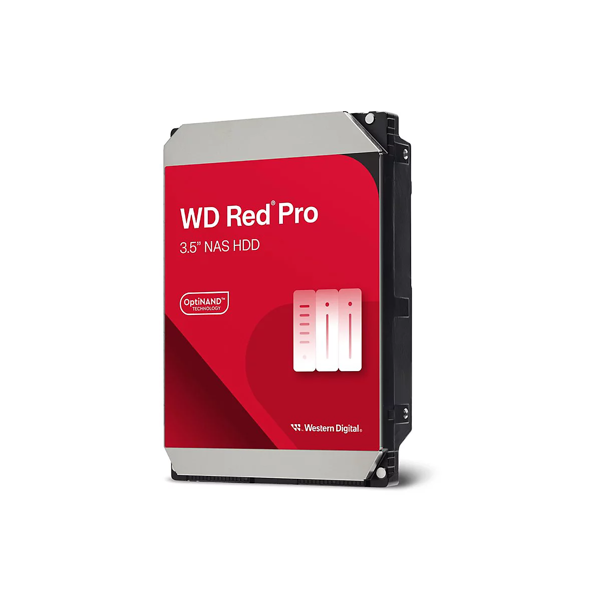 Disque dur WD Red Pro 3,5", NAS HDD. Surface rouge et argentée. Inscription : WD Red Pro, OptiNAND Technology et Western Digital.