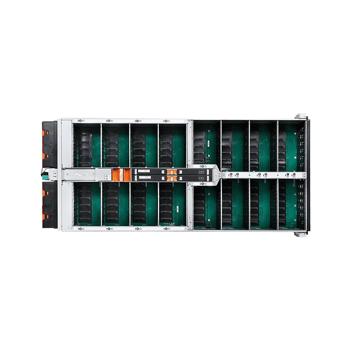 Draufsicht auf einen Server-Rack mit Steckplätzen für Server-Komponenten. Die grüne Innenseite wird von schwarzen, rechteckigen Schlitzen unterteilt.