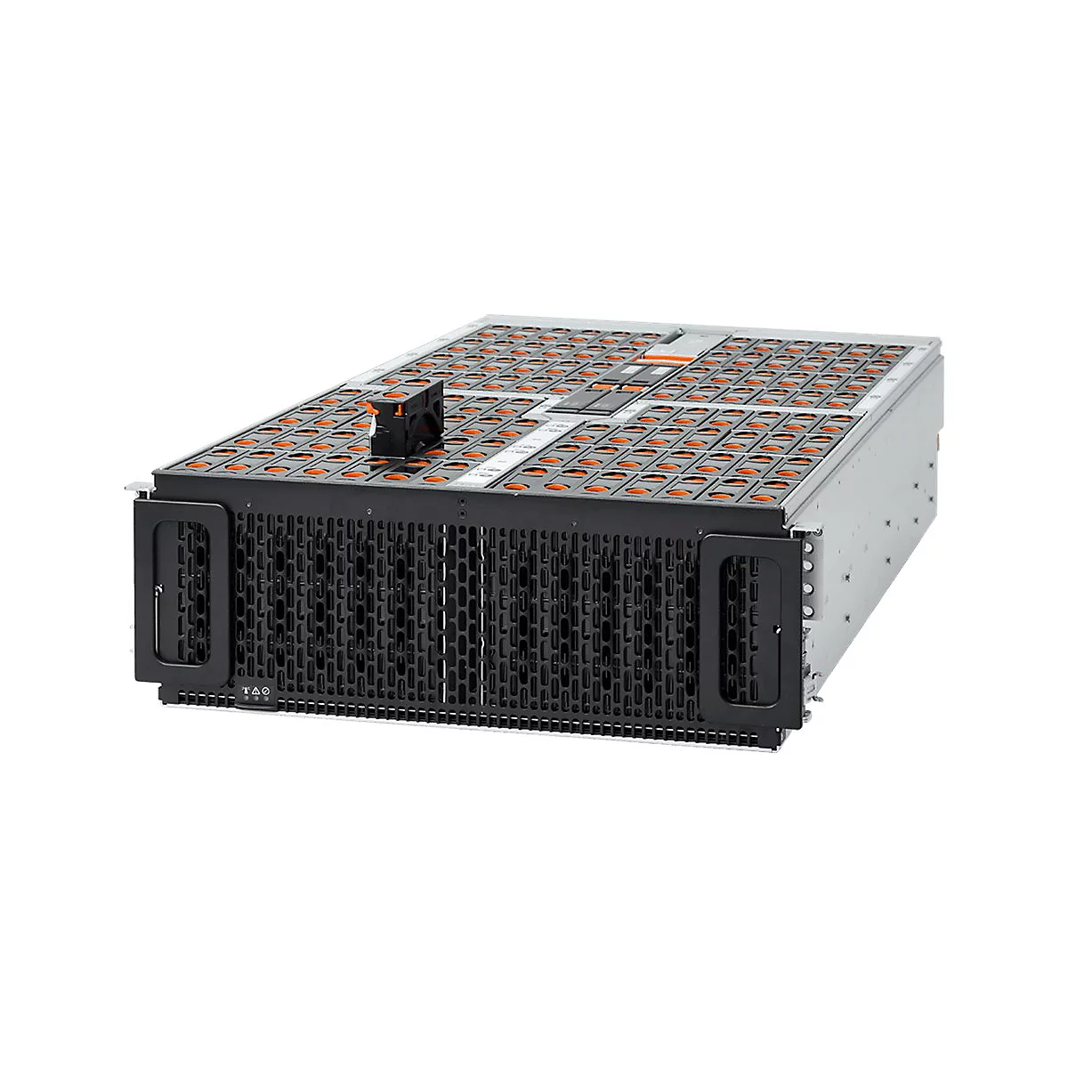 Ein Server-Rack mit schwarzer Front, belüftet, mit Griffen, silbernem Gehäuse und orangefarbenen Elementen. 
