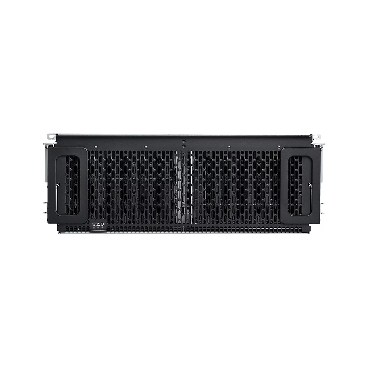 Schwarzes Server-Rack, Frontansicht, perforiertes Design, zwei seitliche Griffe.