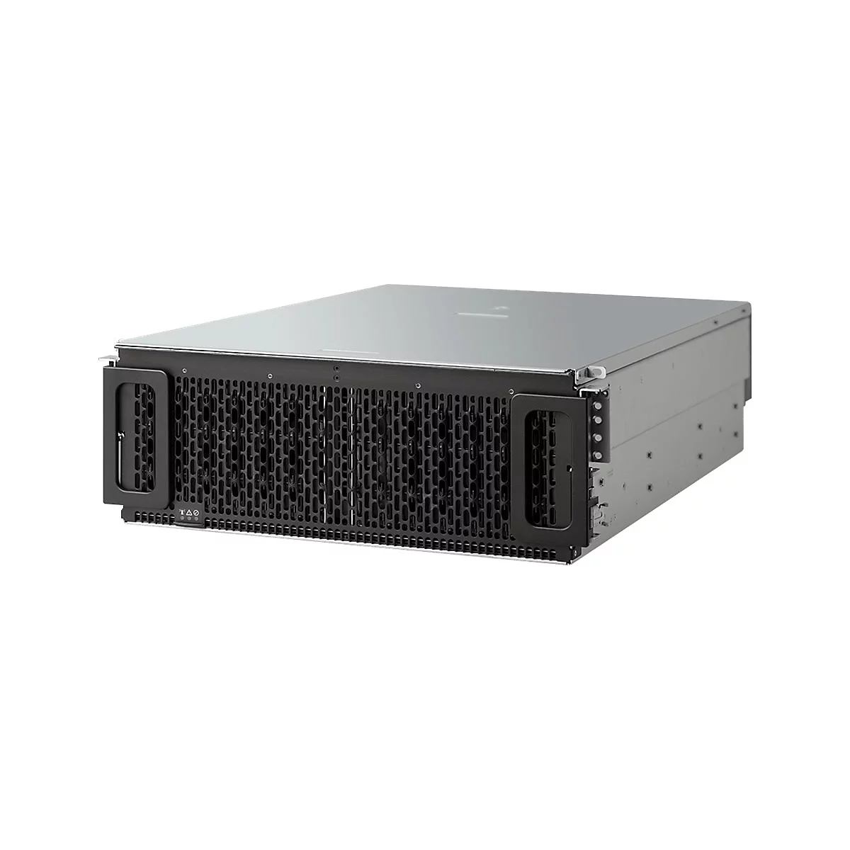 Ein Server-Rack mit Metallgehäuse. Schwarze Frontblende mit Lochmuster und Griffen.