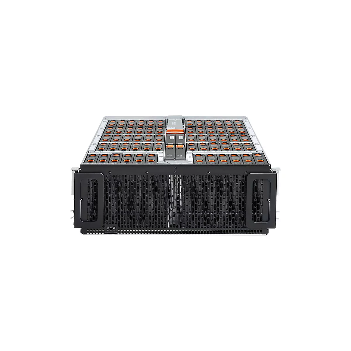 Ein Server-Rack mit schwarzen Gehäuse, oben orangefarbene Einschübe. Front mit Lochmuster, Tragegriff.