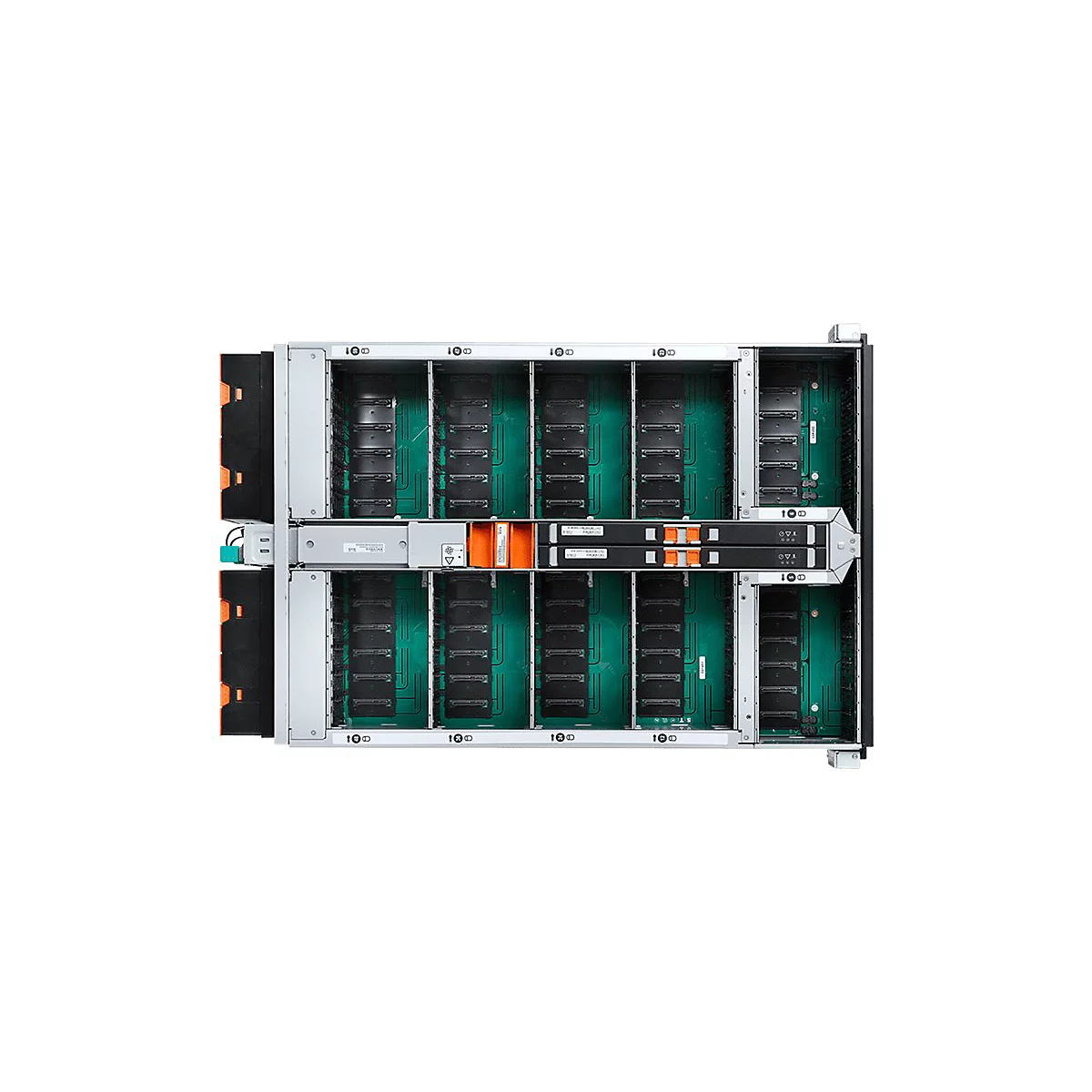 Draufsicht auf einen Server-Rack mit geöffneten Schächten. Schwarze und orangefarbene Elemente, grüne Platinen.