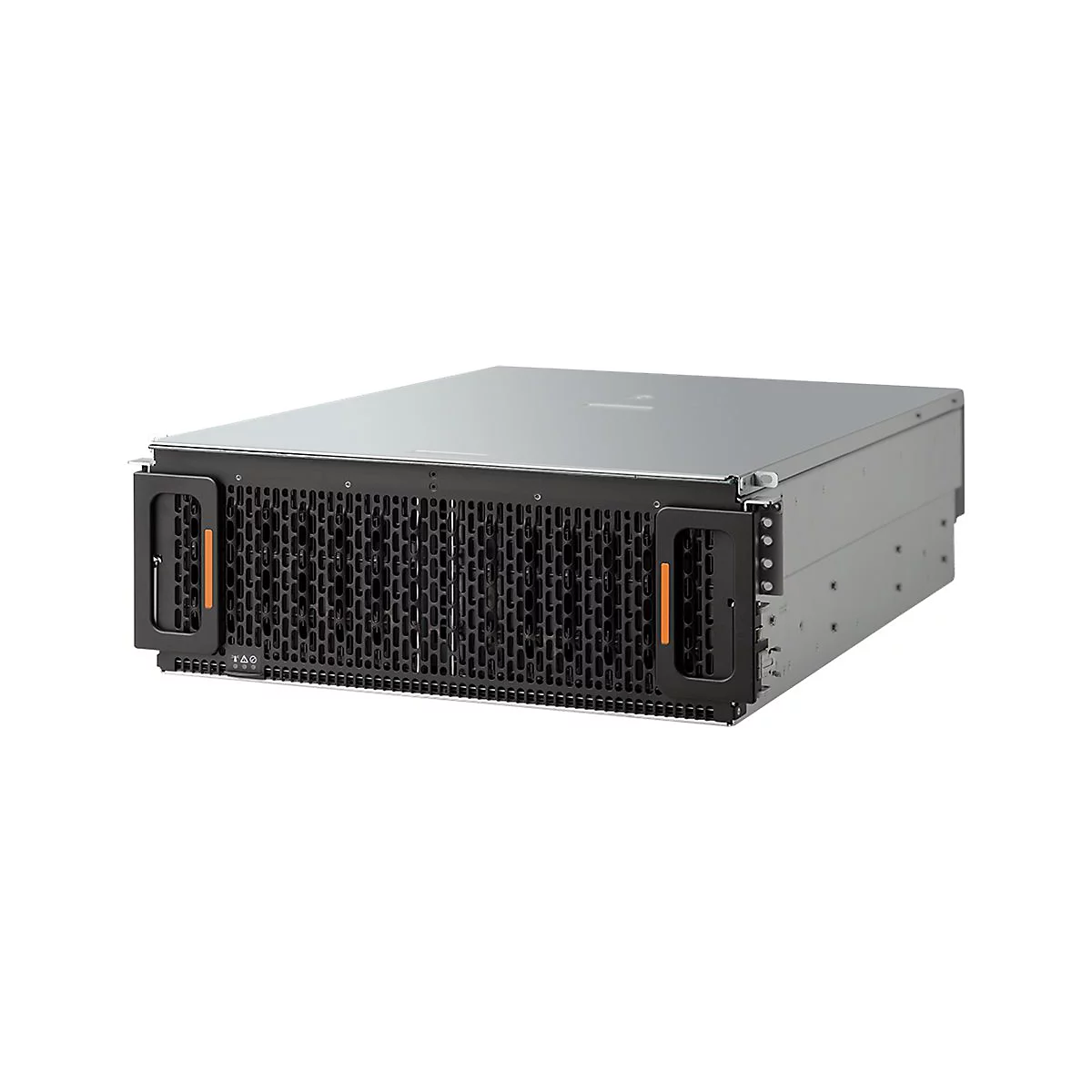 Ein Server-Rack mit Metallgehäuse und Griffen. Schwarze Front, silberne Oberseite, orangefarbene Akzente.