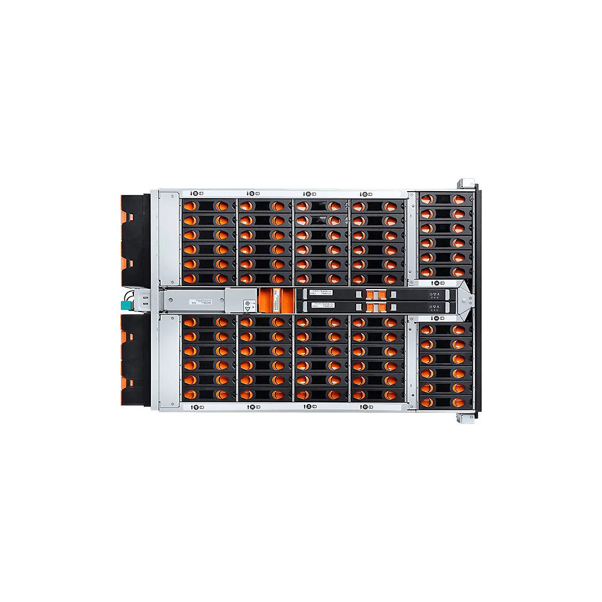 Großer Server mit vielen Festplatten, orangefarbenen Akzenten und schwarzen Blenden.