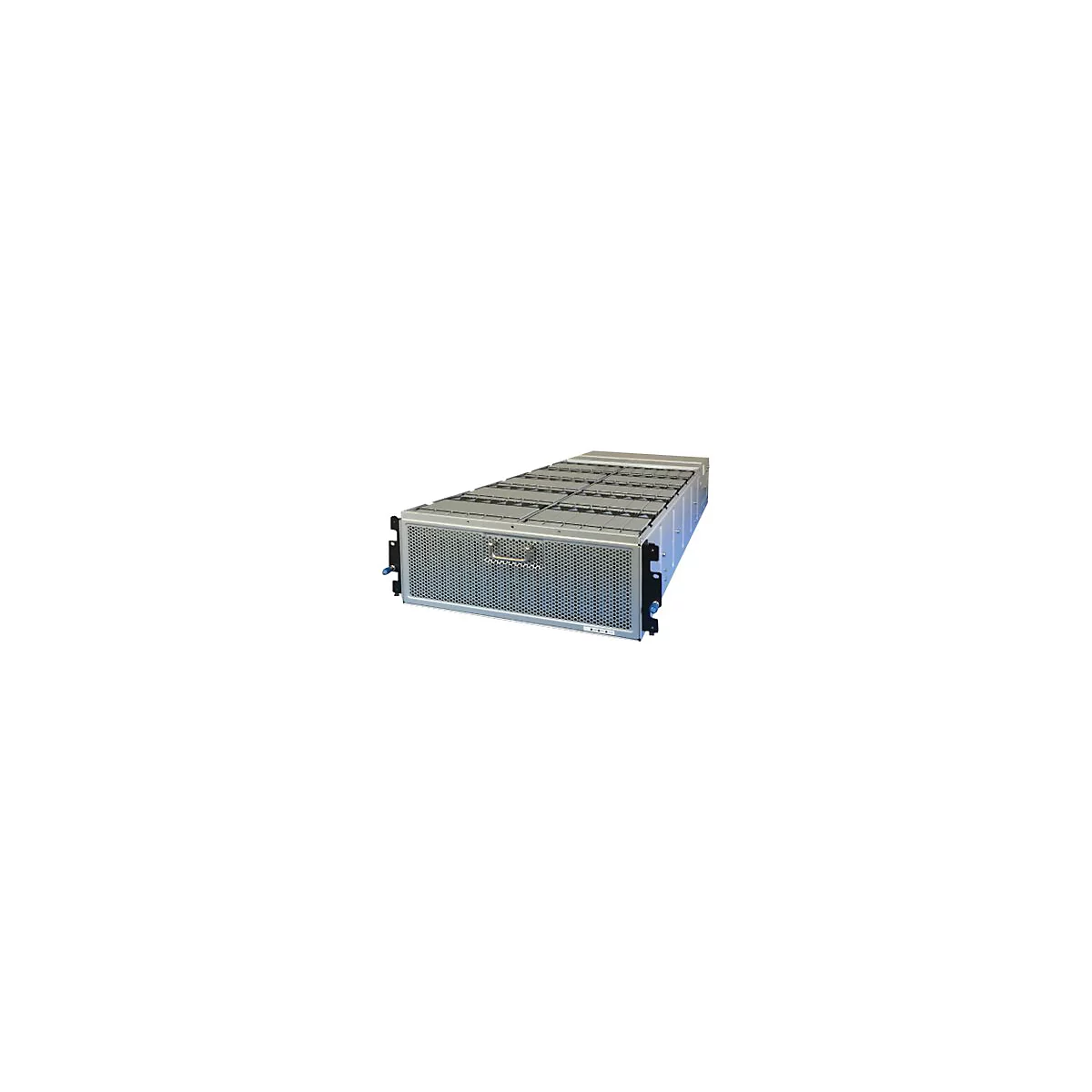 Grauer Server-Rack mit perforierter Front und Griff, rechteckig. Oben sind silberne Quadrate zu sehen.