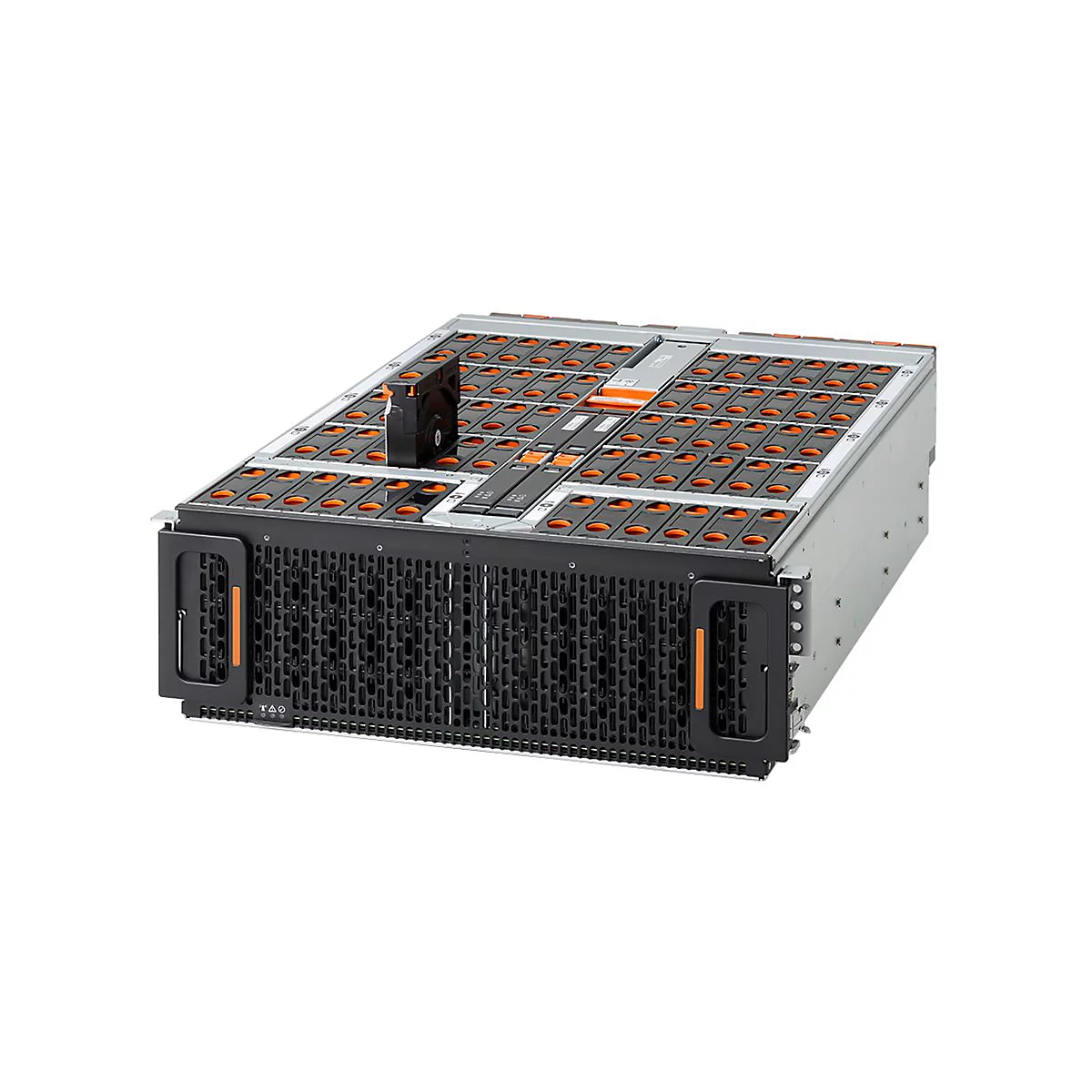 Ein Serverschrank, grau-schwarz, mit vielen Steckplätzen für Festplatten. Auf der Oberseite sind orangefarbene Elemente sichtbar.