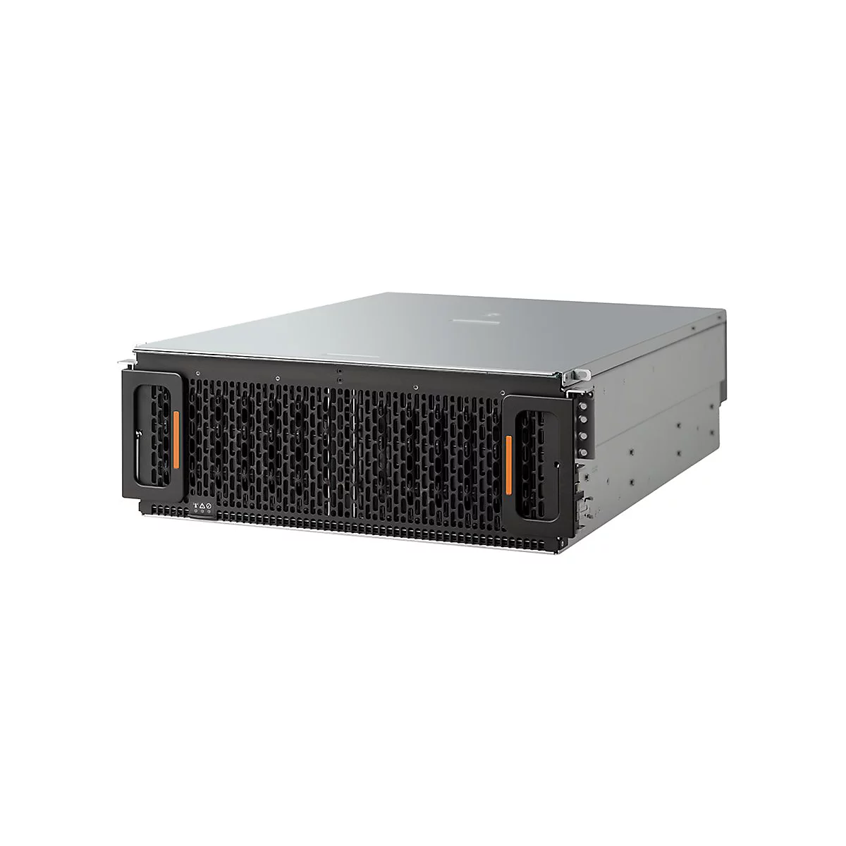 Ein grauer Server-Rack mit schwarzem Gitter und orangefarbenen Griffen.