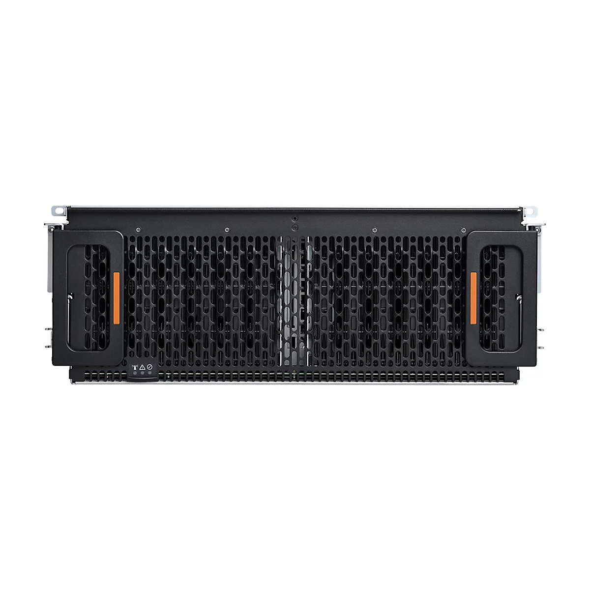 Schwarzes Server-Rack mit Lochmuster. Links und rechts Griffe mit orangenen Akzenten.