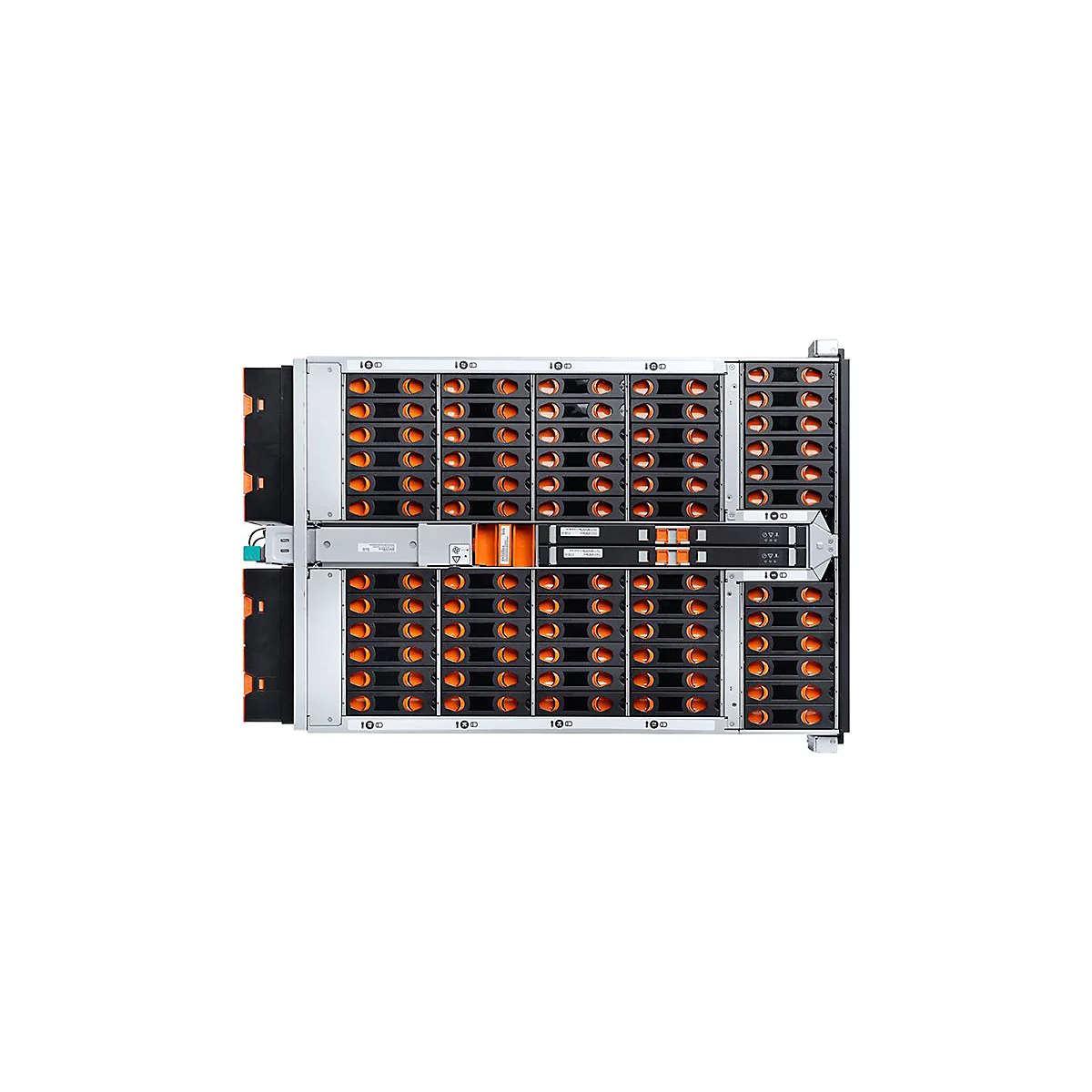 Ein Server-Rack mit vielen Festplatten. Das Rack ist silberfarben mit schwarzen und orangefarbenen Komponenten.