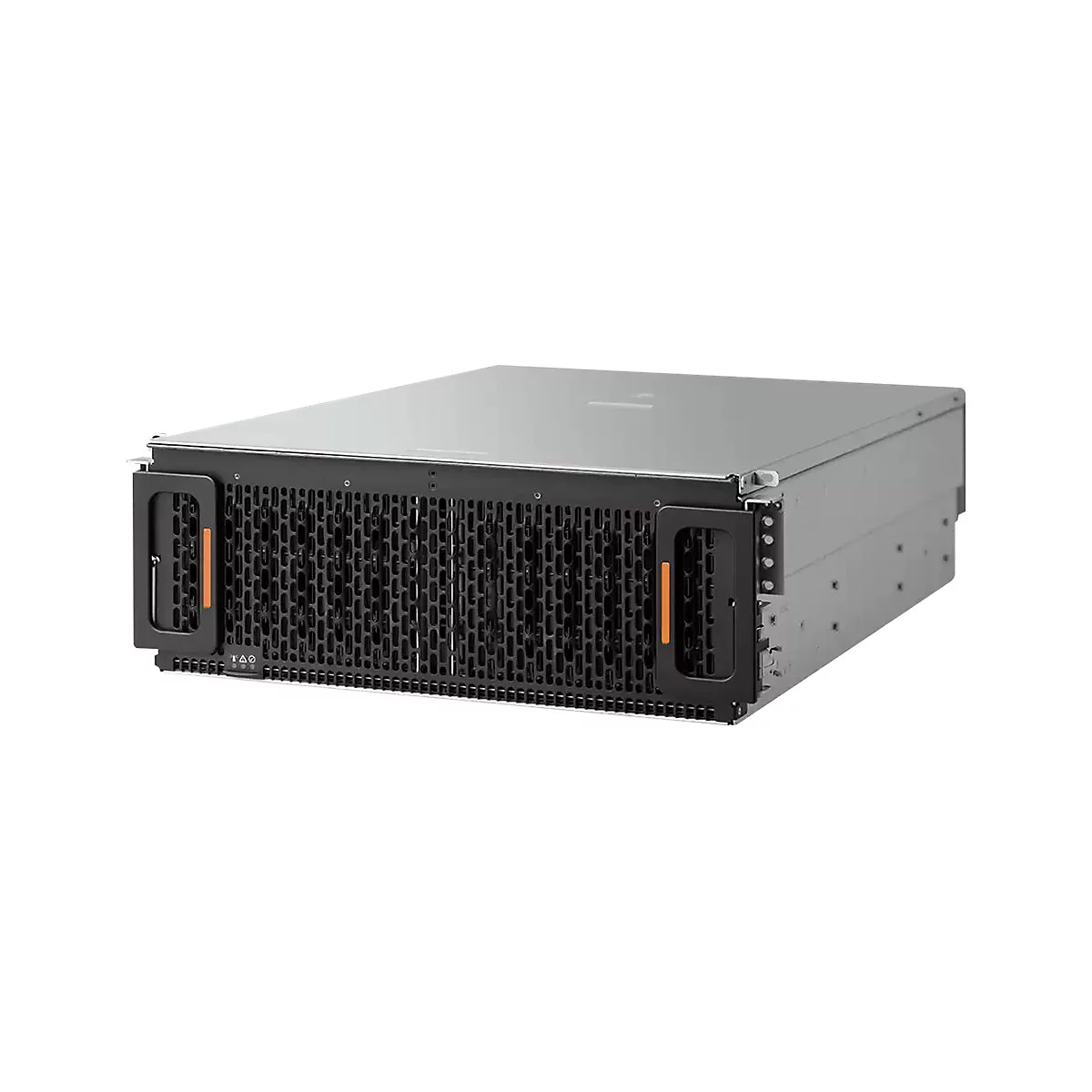 Ein grauer Server-Rack mit schwarzer Front und orangefarbenen Griffen. Gittermuster für die Belüftung.