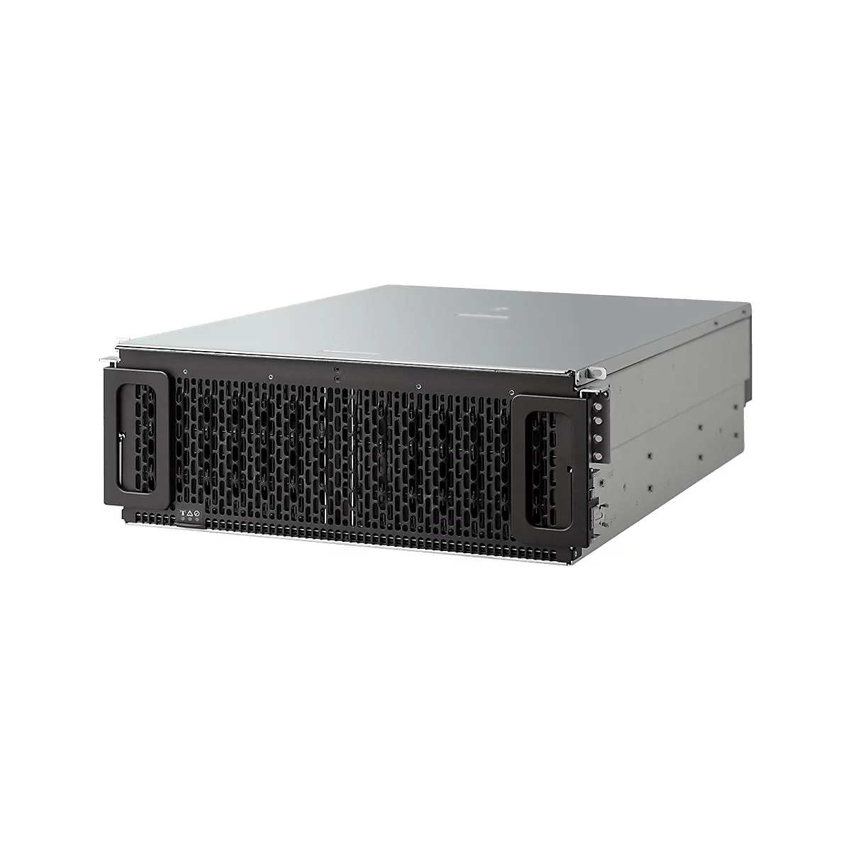 Ein grauer Server-Rack mit schwarzer Front und Griffen. Große Lüftungsschlitze bedecken die Front.