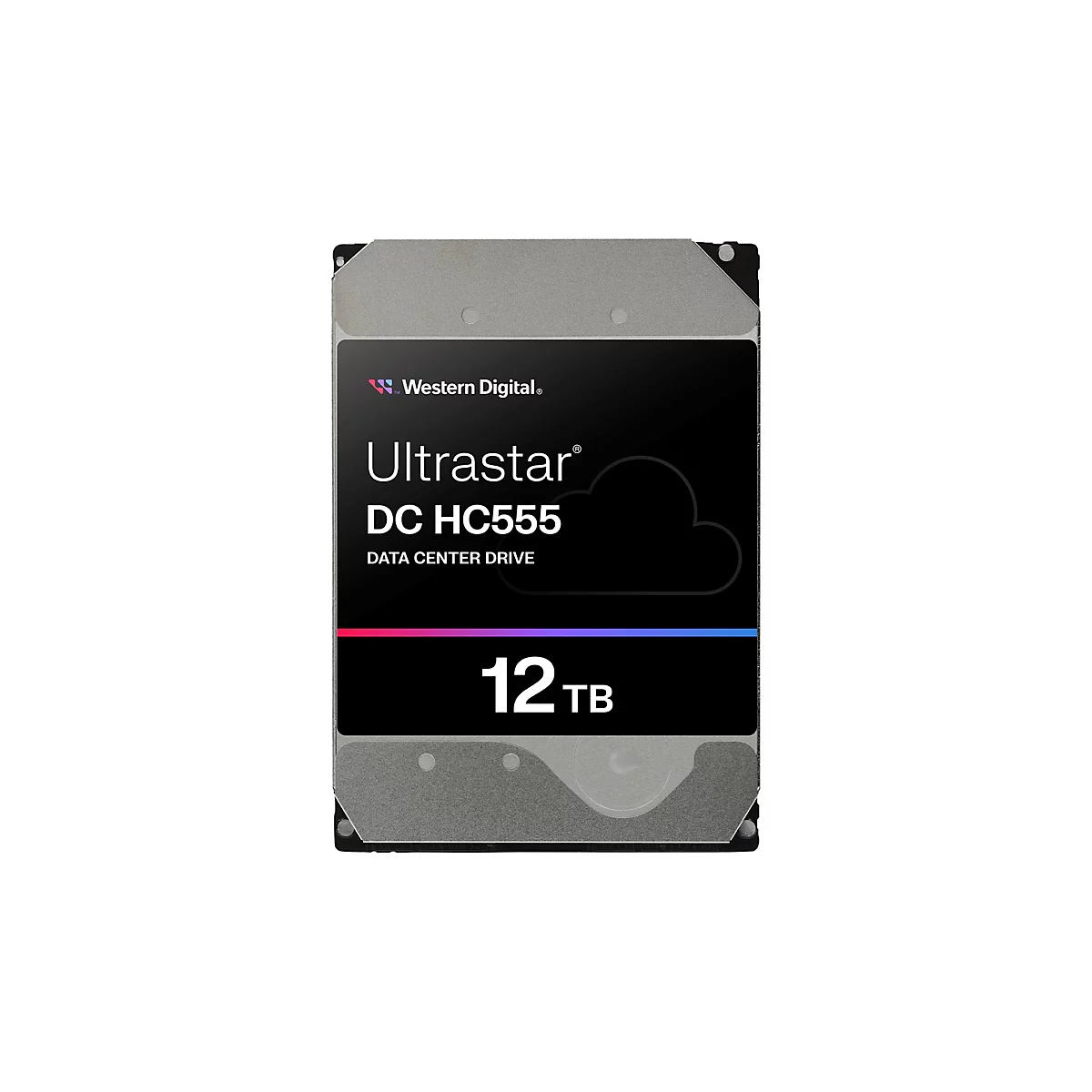 Festplatte von Western Digital Ultrastar DC HC555 mit 12 TB Speicherkapazität. Schwarzer Hintergrund mit weißem Schriftzug.