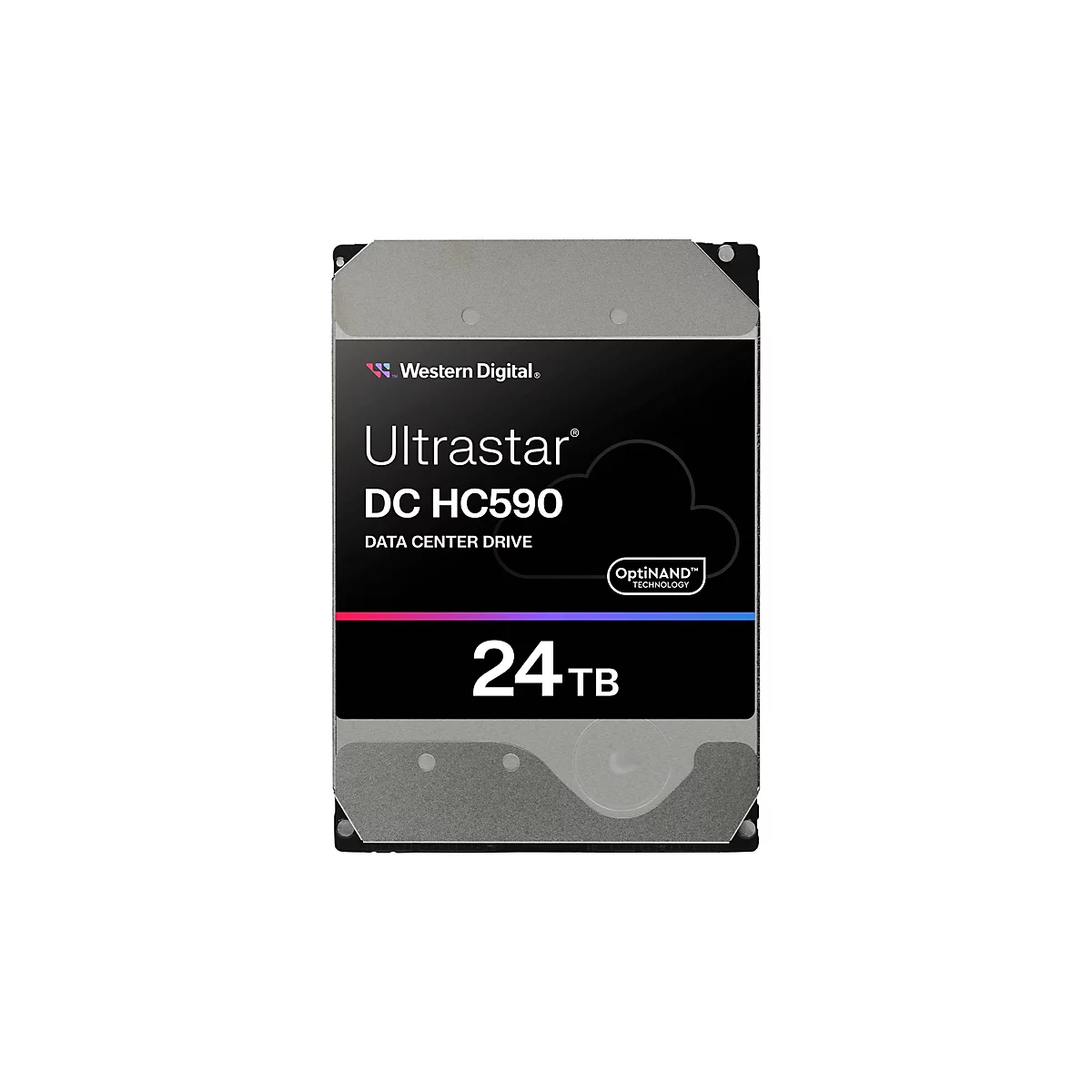 Festplatte von Western Digital Ultrastar DC HC590. Schwarzes Etikett mit weißen Schriftzügen, Speicherkapazität 24 TB.