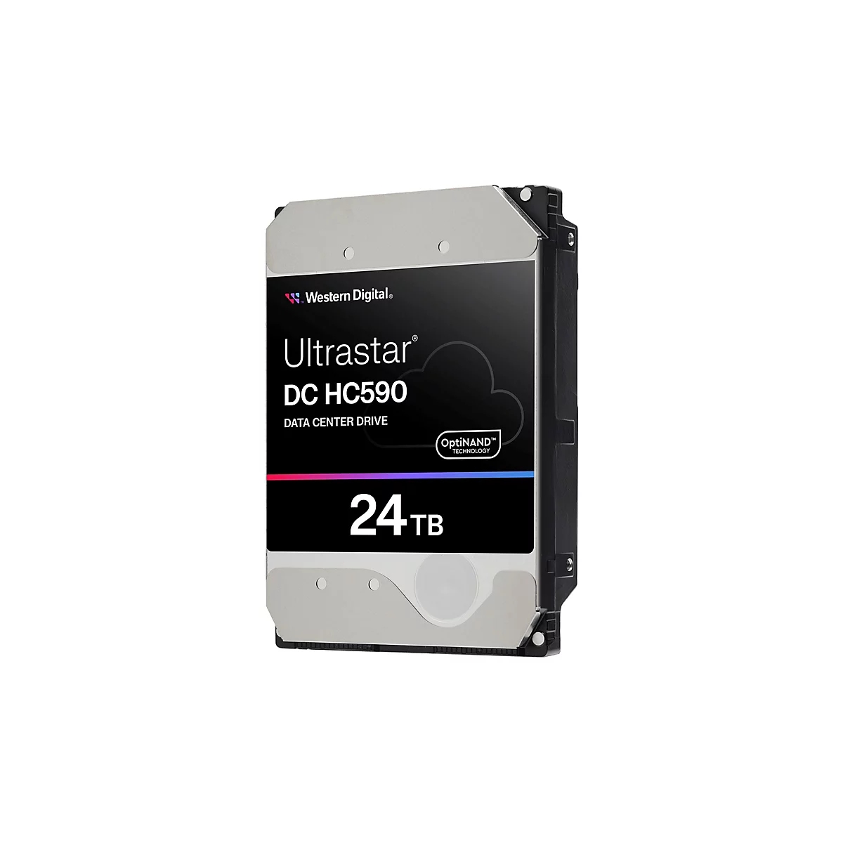 Disque dur isolé sur fond blanc. Le disque dur indique : Western Digital Ultrastar DC HC590 24TB.