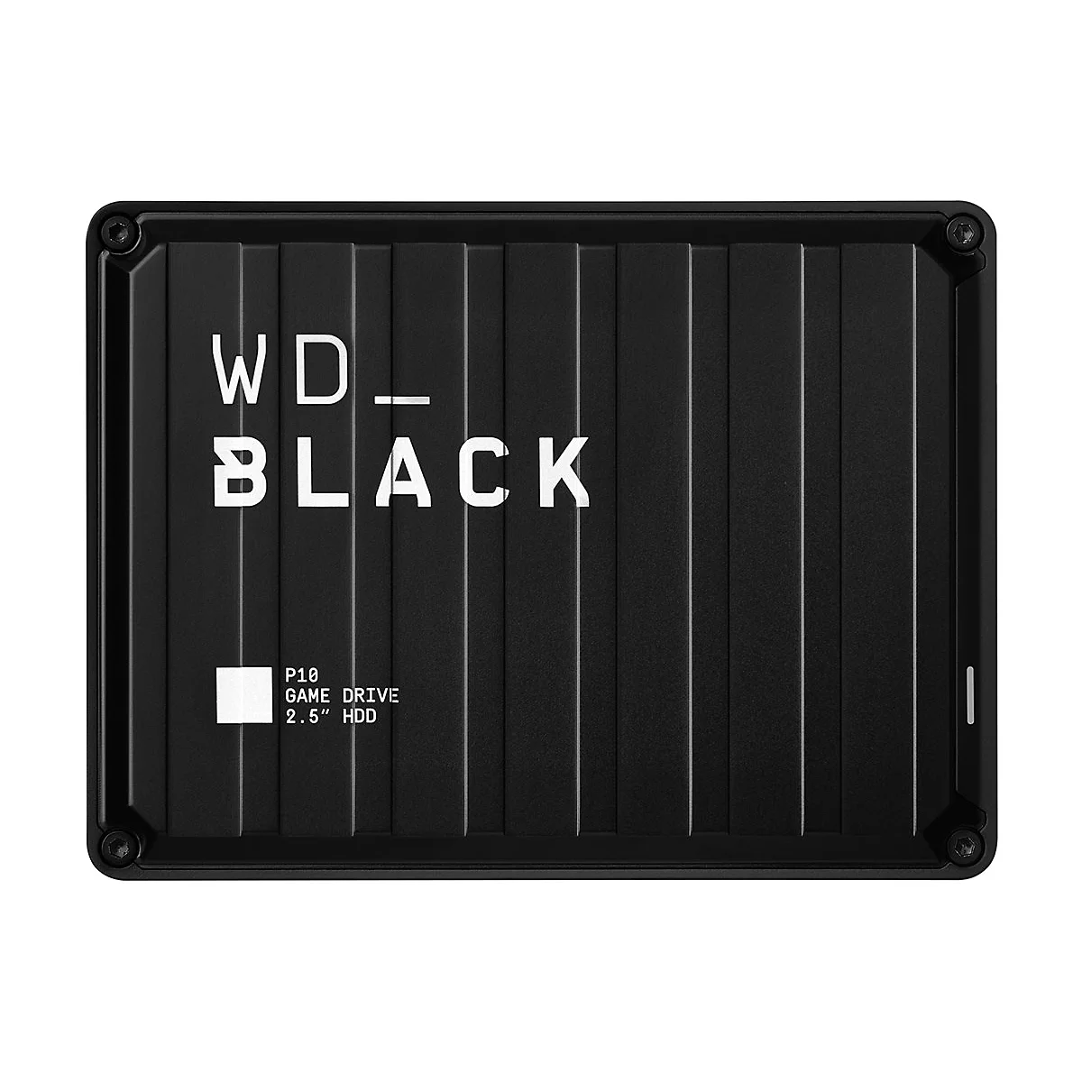 Schwarze externe Festplatte mit weißen WD_BLACK-Logo, vertikalen Linien und Schrauben. "P10 Game Drive 2.5" HDD" steht drauf.