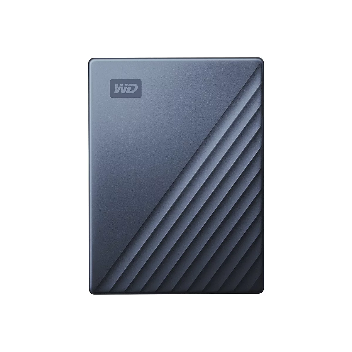 Disque dur externe bleu foncé avec logo "WD" et rainures diagonales.