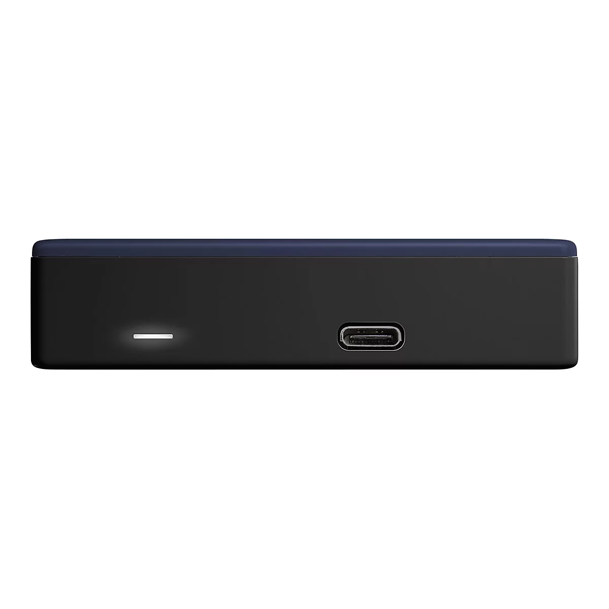 Gros plan d'un petit appareil rectangulaire noir avec un dessus bleu. Un port USB-C et un voyant lumineux sont situés à l'avant.