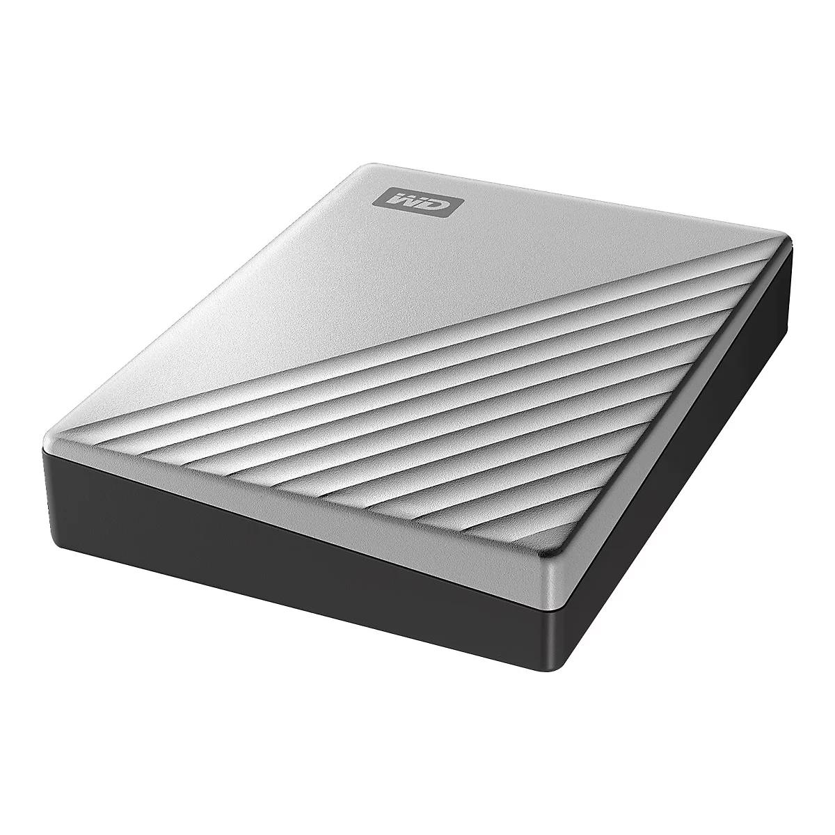 Disque dur externe argenté avec une surface striée, une bordure noire et le logo WD.