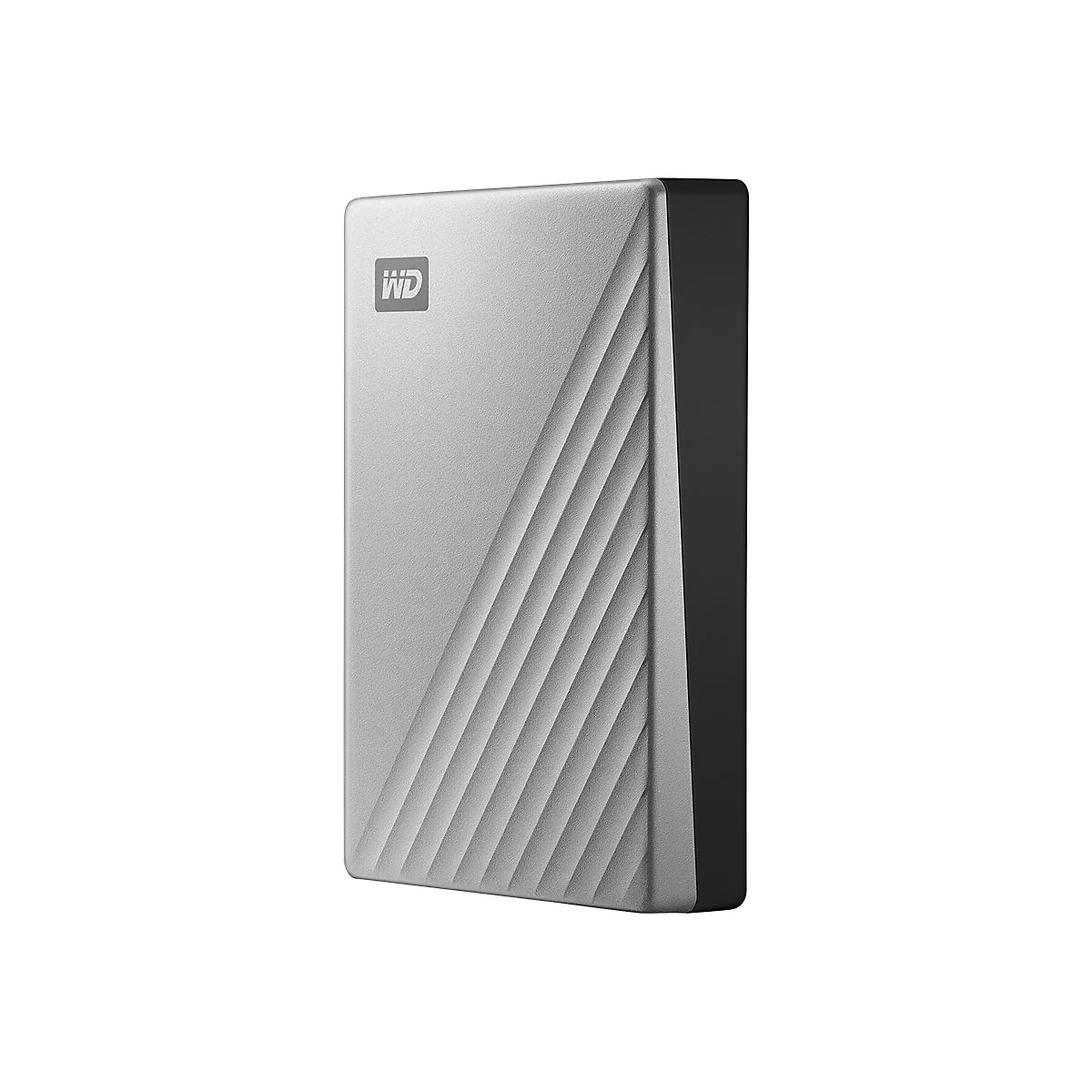 Disque dur externe argenté avec logo WD et surface striée. Bord noir. Sur fond blanc.