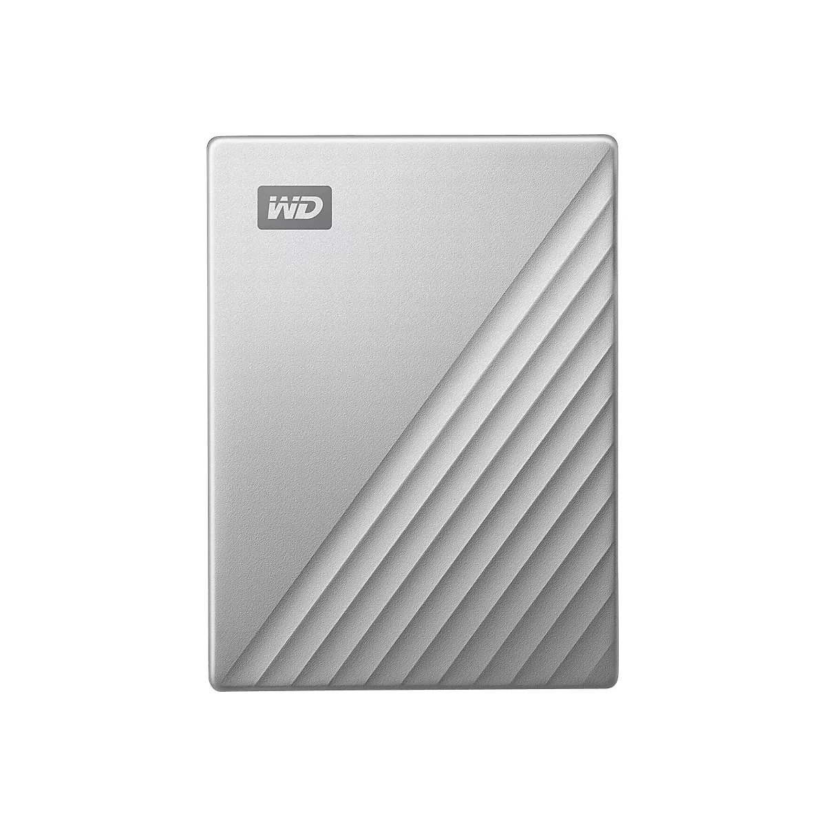 Disque dur externe argenté avec logo WD et surface striée.