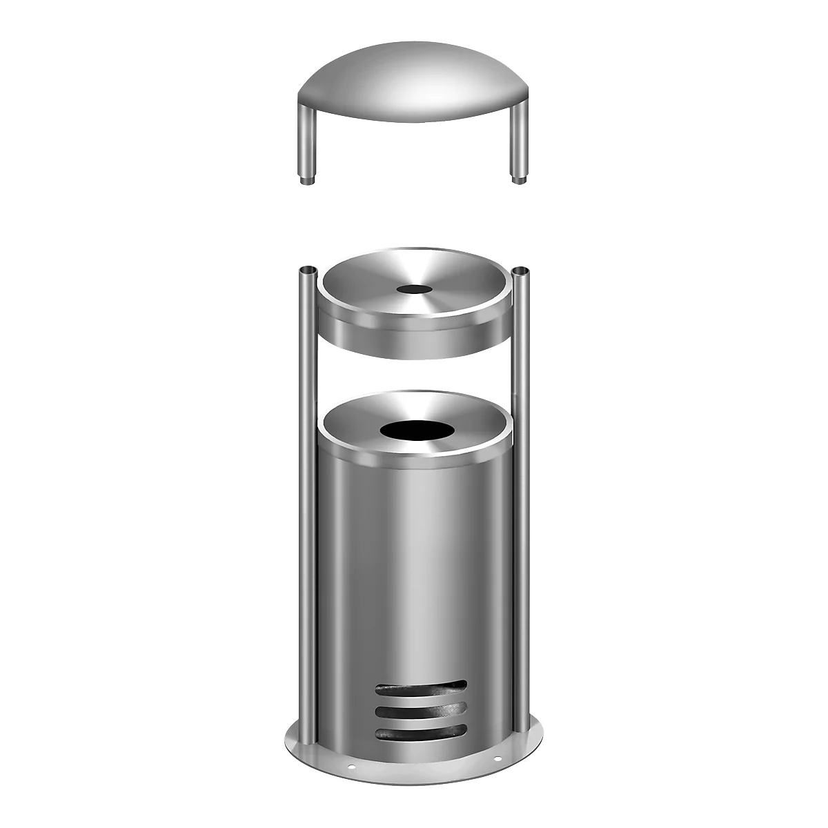 A silver trash can, with a lid, two openings and a three-stripe vent.