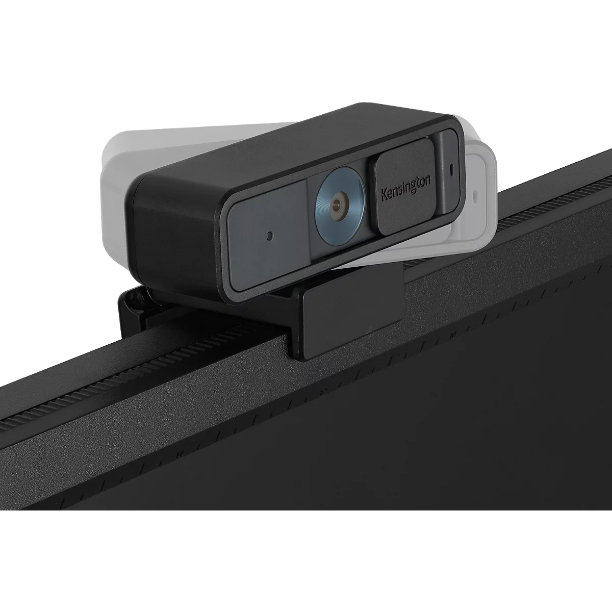 Schwarze Webcam, montiert auf einem schwarzen Bildschirm, der mit 'Kensington' beschriftet ist.