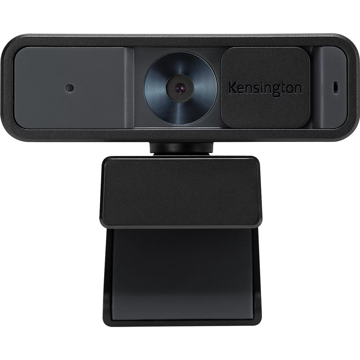 Schwarze Webcam mit 'Kensington' Logo. Mit Objektiv und Halterung.