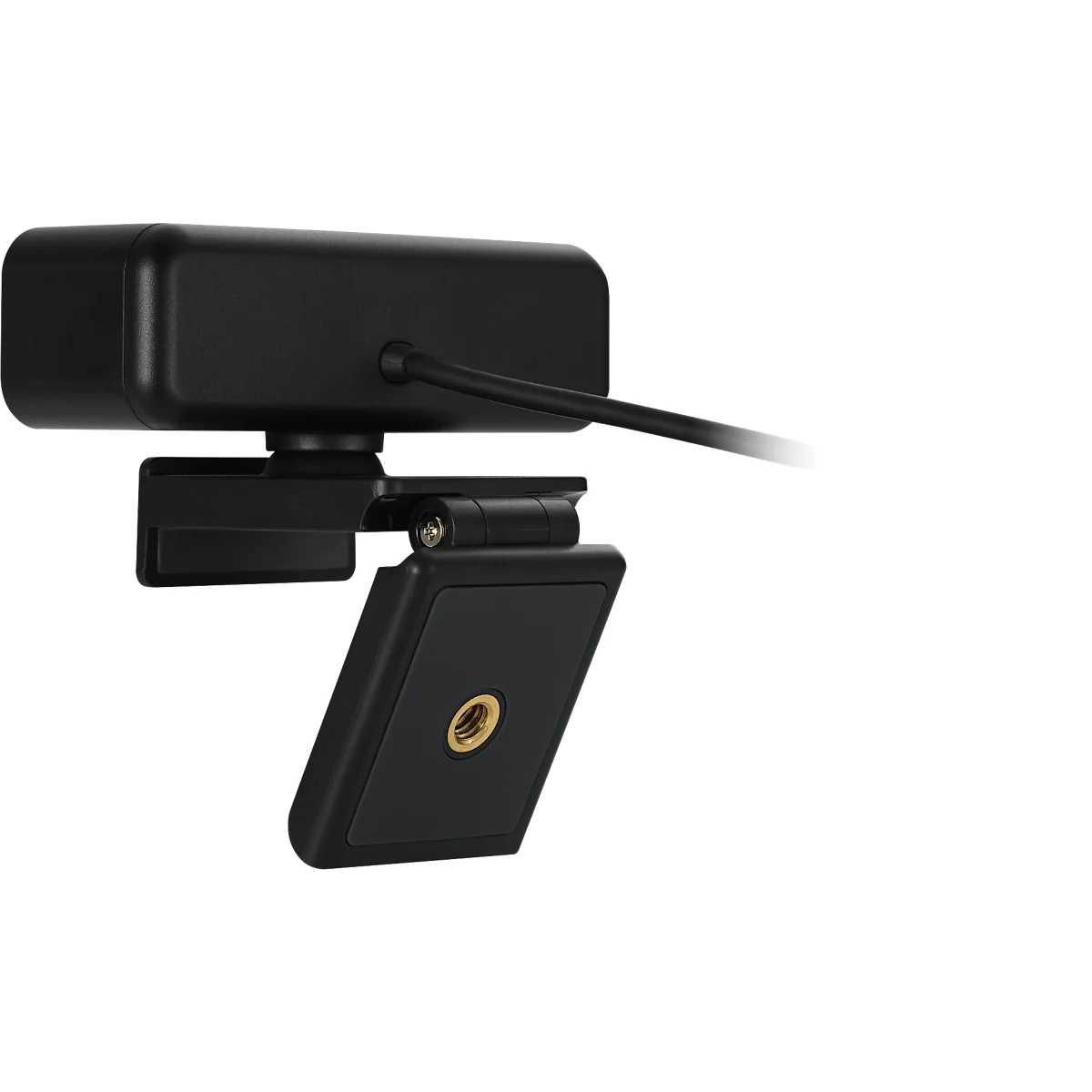 Schwarze Webcam mit Halterung, die nach unten geneigt ist. Ein Kabel führt aus der Rückseite.