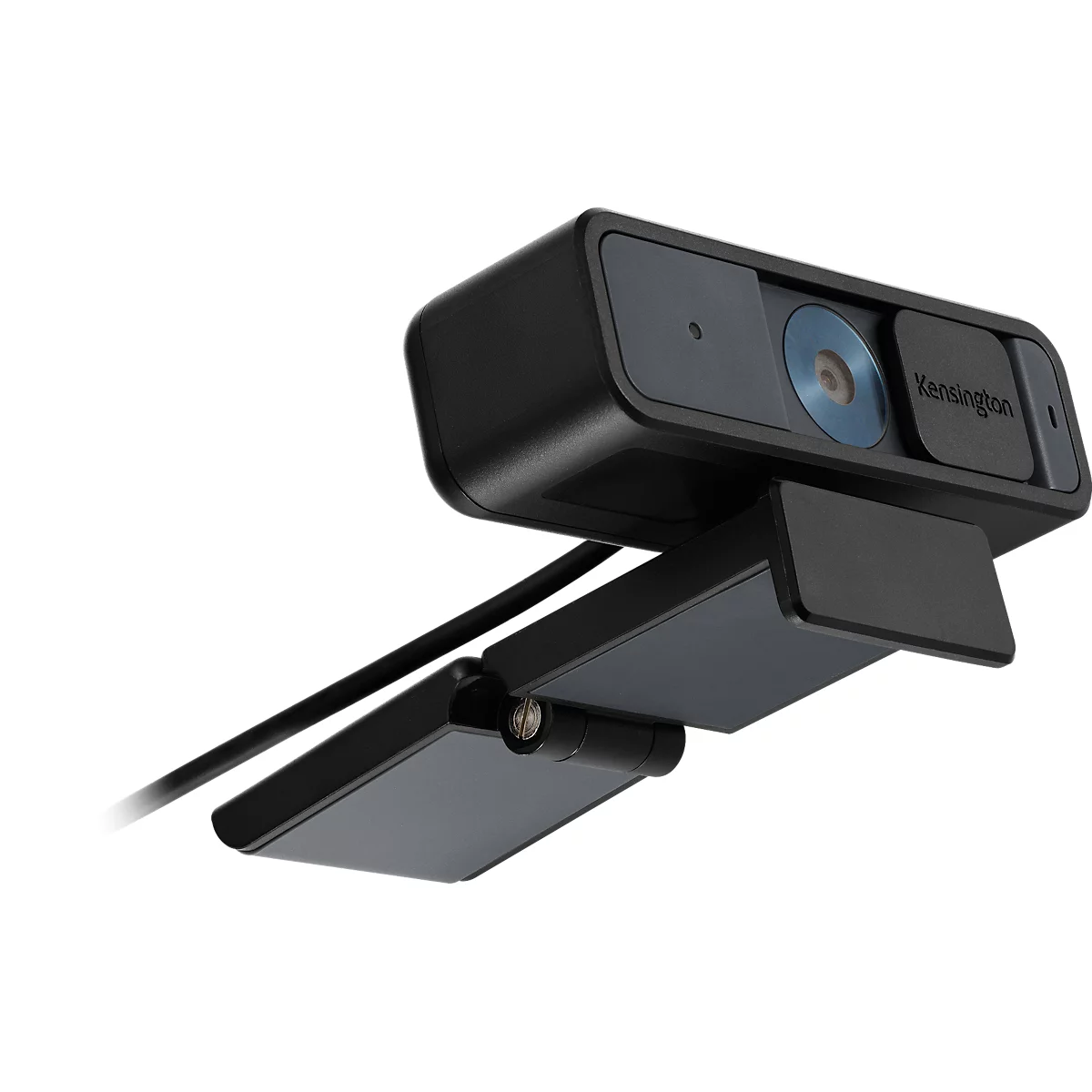 Schwarze Kensington Webcam, an Halterung mit Kabel. Auf der Webcam steht "Kensington".