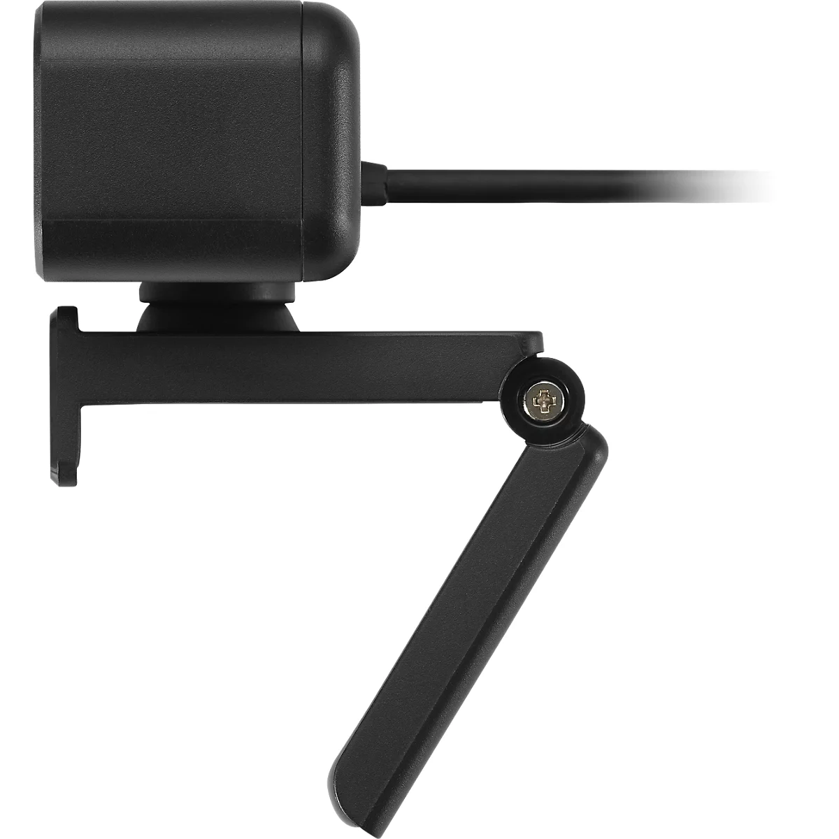 Schwarze Webcam, Detailaufnahme. Sie ist mit einem verstellbaren Halter ausgestattet.