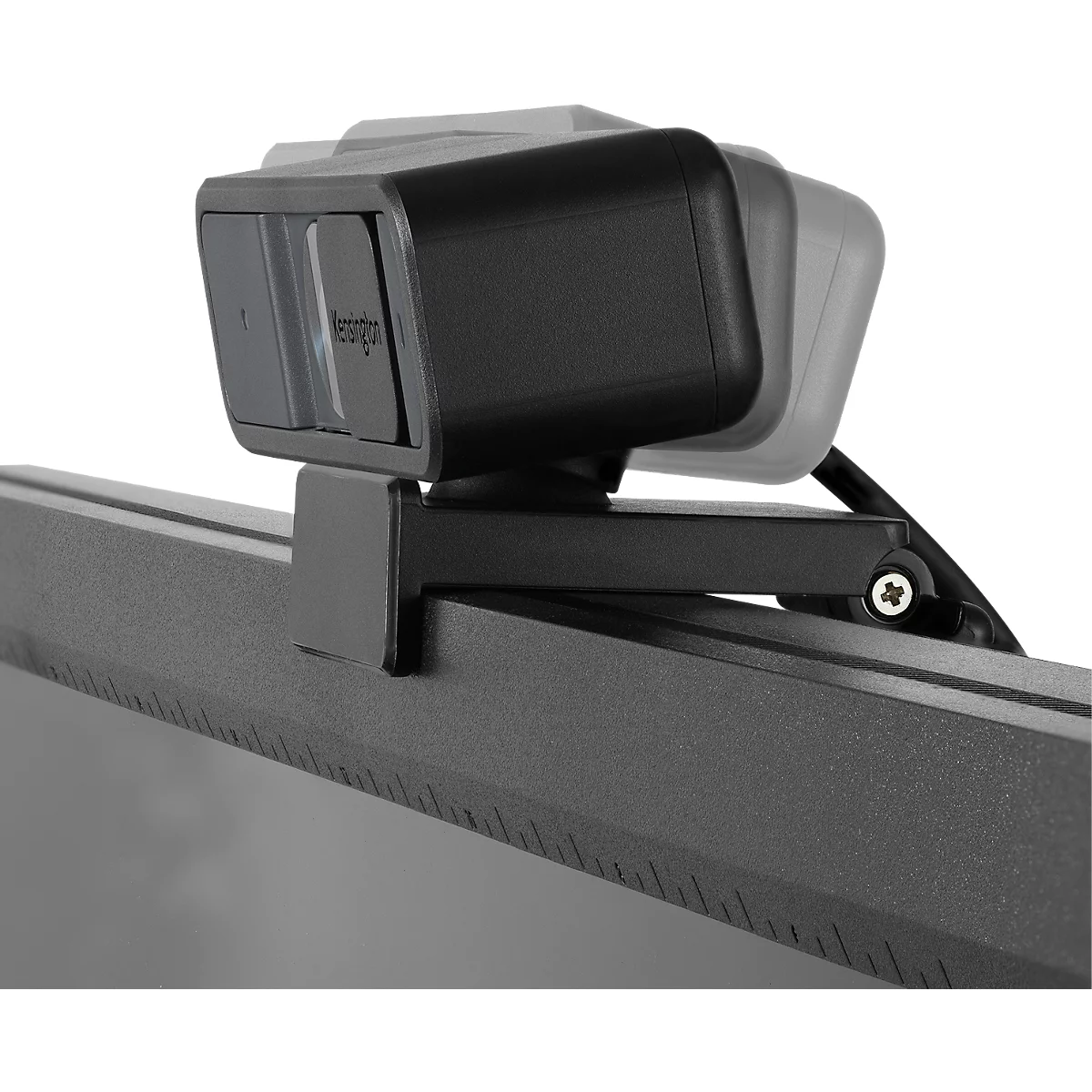 Close-up van een webcam die aan een scherm is bevestigd. De webcam is zwart en grijs, met het woord "Kensington" erop.