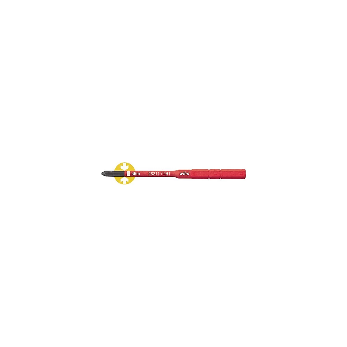 Roter Wiha Schraubendreher-Bit mit schwarzer Spitze. Aufschrift: "slim 28311 / PH1".