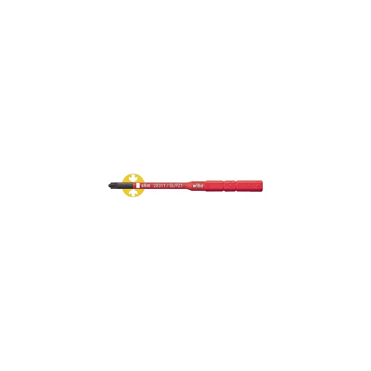 Roter Schraubendreher mit schwarzer Spitze und weisser Aufschrift: slim 28311/SL/PZ1 wiha.
