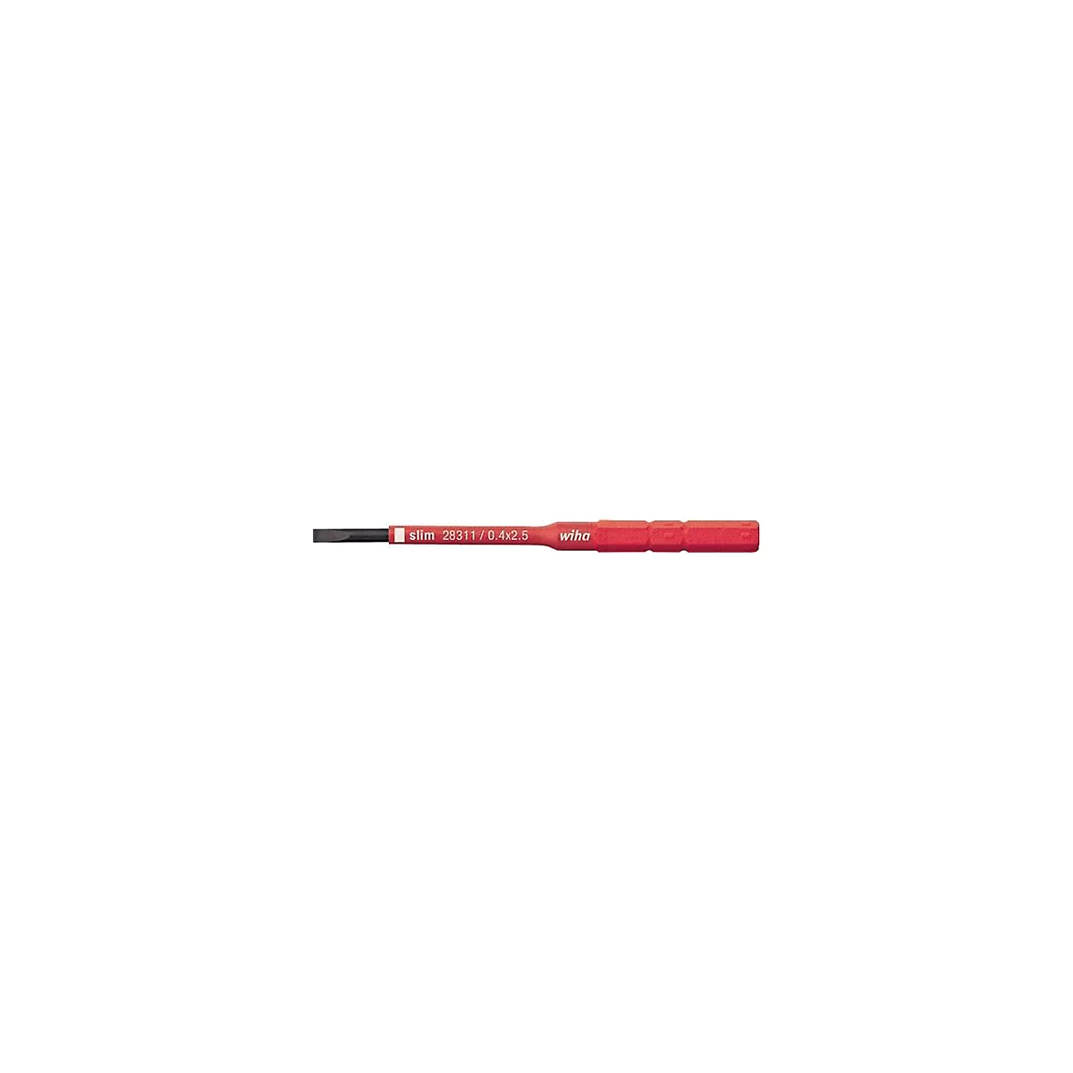 Ein roter Schraubendreher mit der Aufschrift "slim 28311 / 0.4/2.5 wiha".
