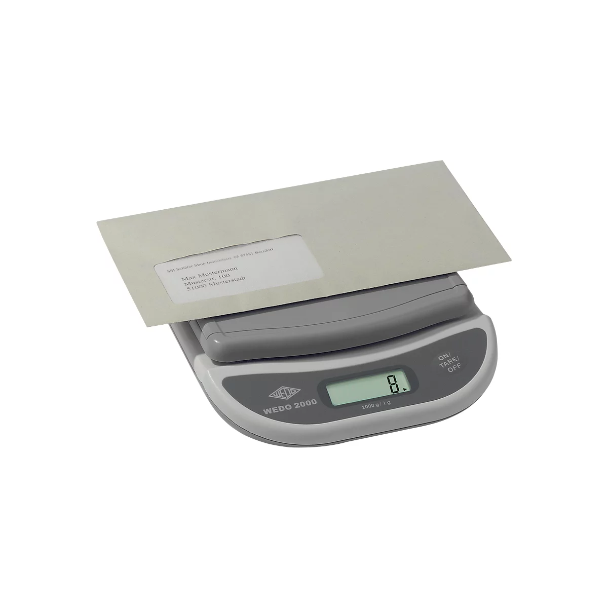 An envelope rests on a gray scale, which displays 8 grams. The envelope has a window and address information.