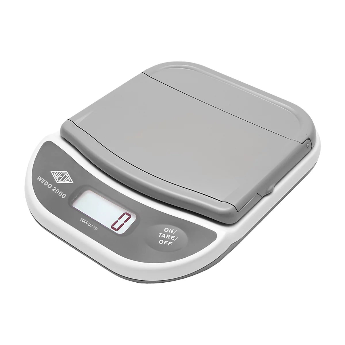 Digital scale with gray lid. Display shows 0. Control panel with 'ON/TARE/OFF'.
