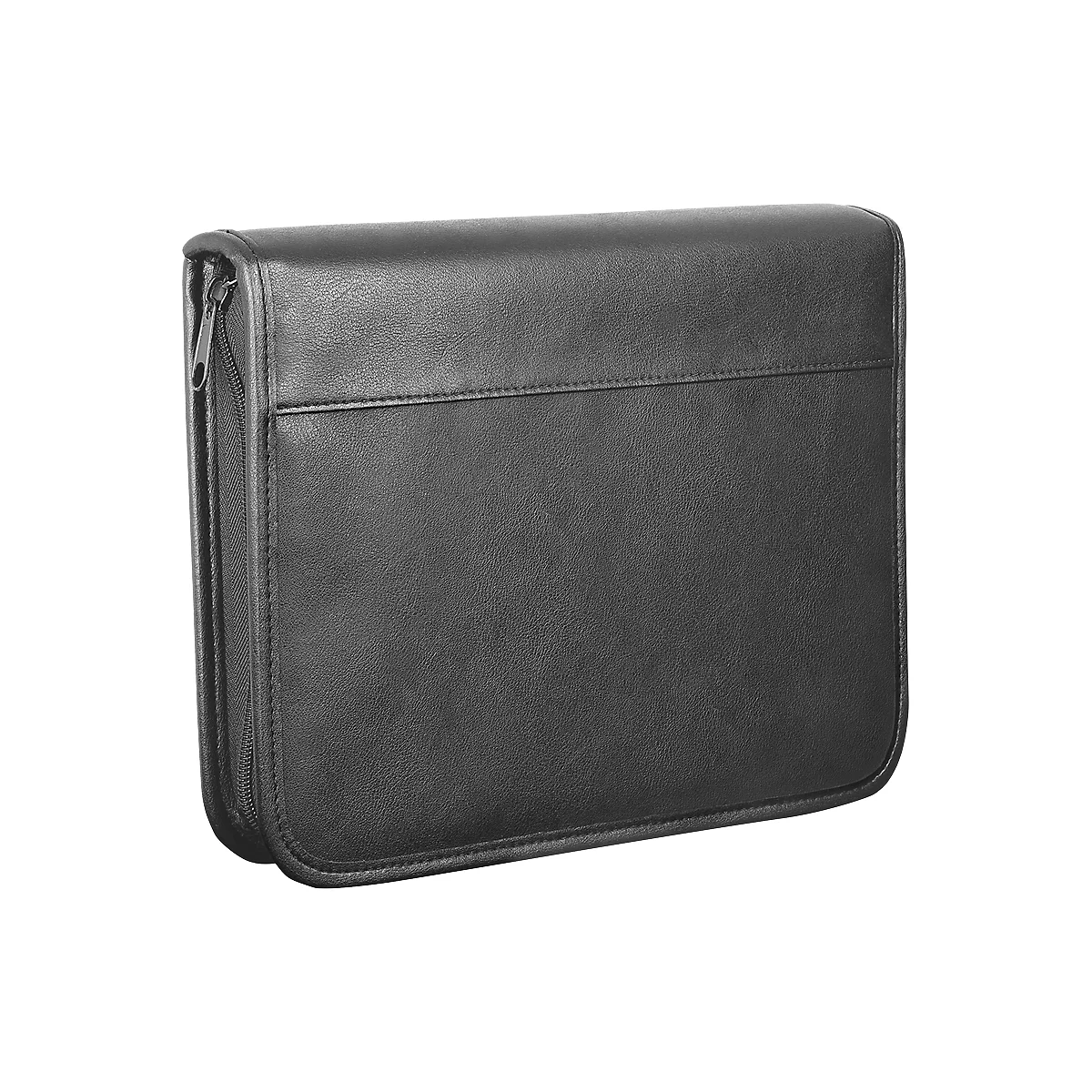 Black leather CD case with zipper. The surface has a subtle seam.