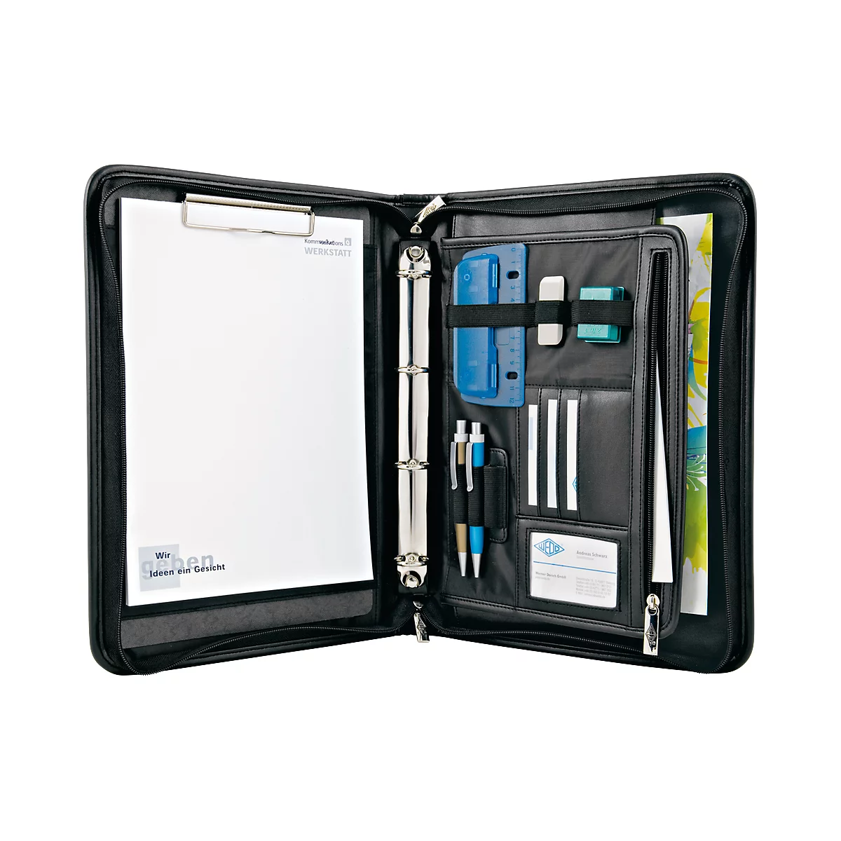 Black conference folder, open. On the left side a clipboard with paper, on the right side compartments for pens, ruler, eraser and business cards.