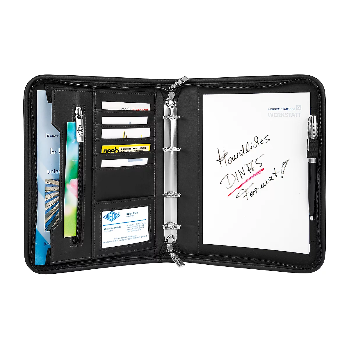 Black leather portfolio with zipper, notepad, pen holder, card slots, and writing utensils.