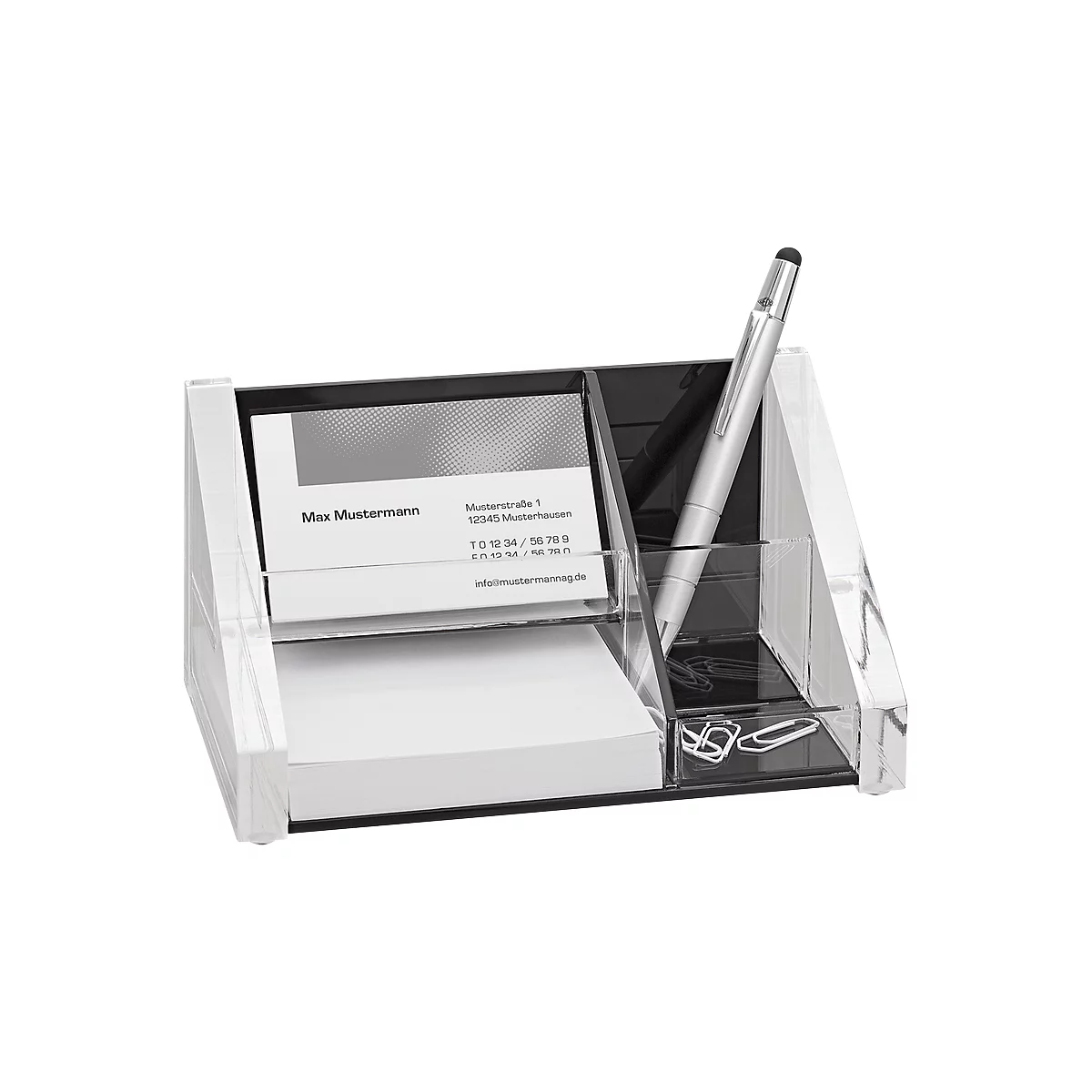 Clear plastic desk organizer with pen holder, notepad and business cards. A card reads "Max Mustermann."