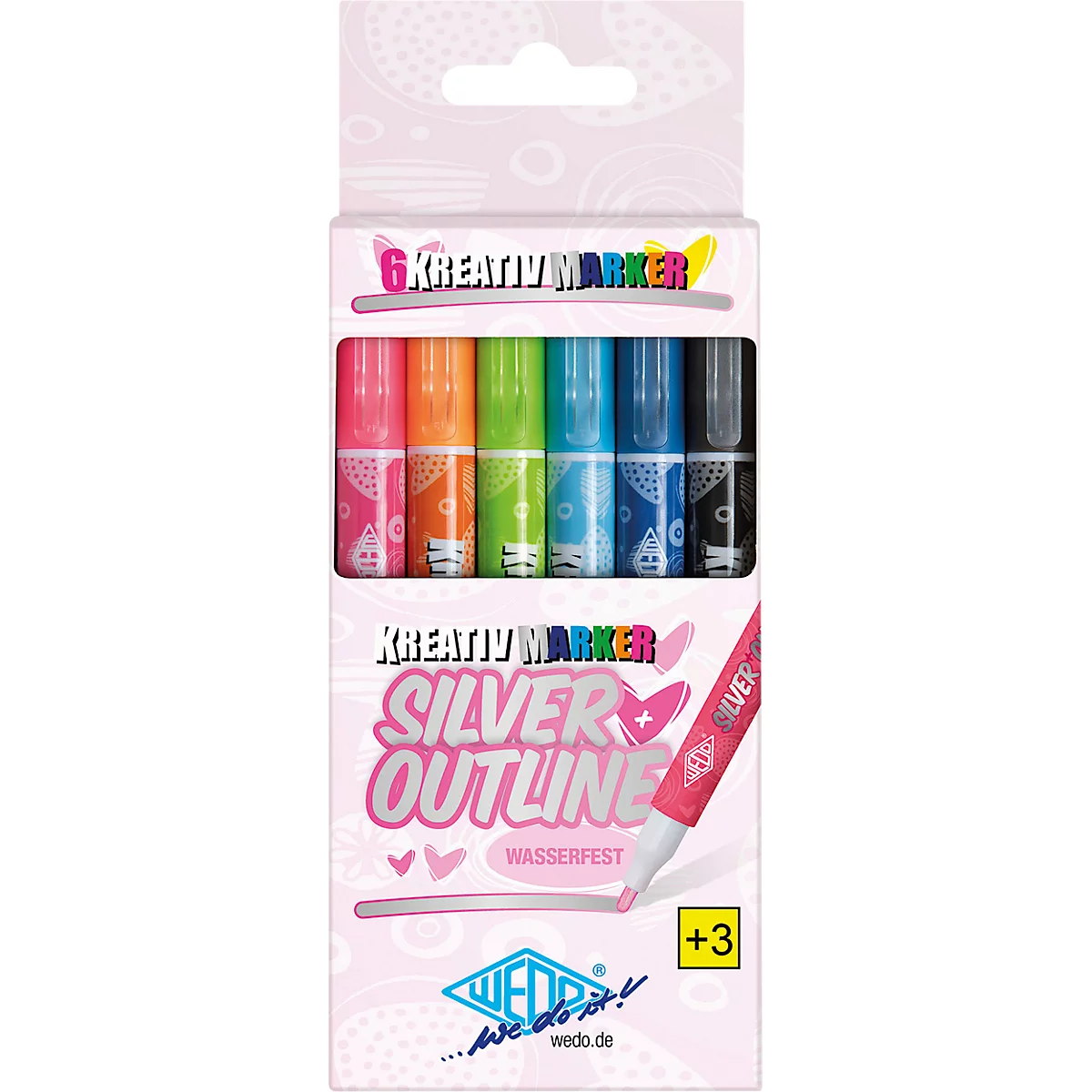 WEDO Kreativmarker-Set Silver + Outline, Silberlackstifte mit farbiger Umrandung, Rundspitze, assortiert, versch. Farben, 6 Stk