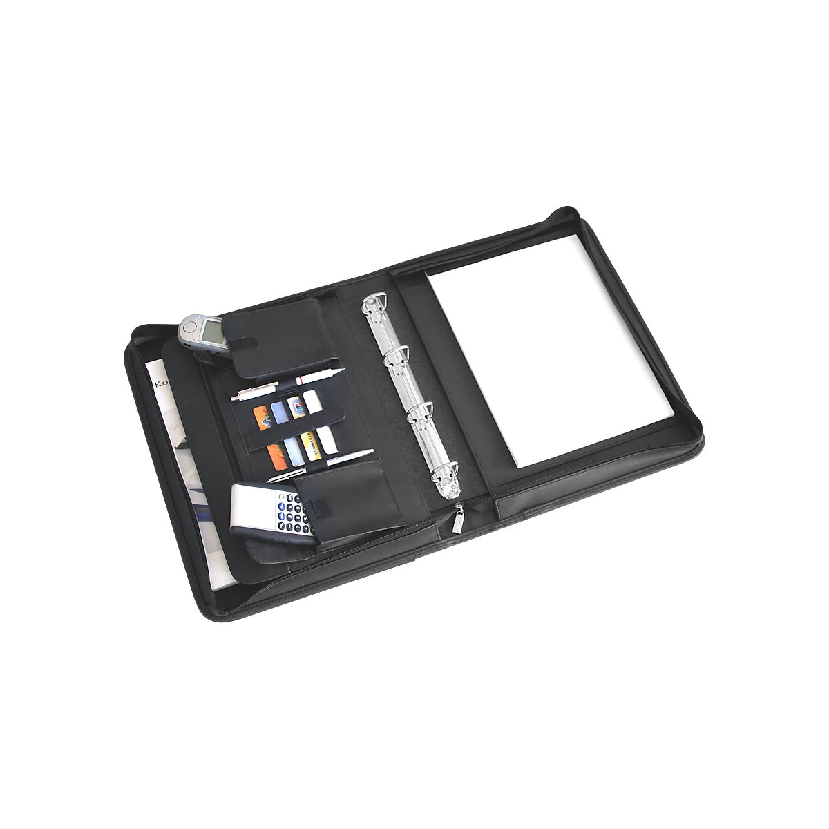 Open black leather portfolio with a binder, pens, cards, a cell phone, a calculator, and paper.
