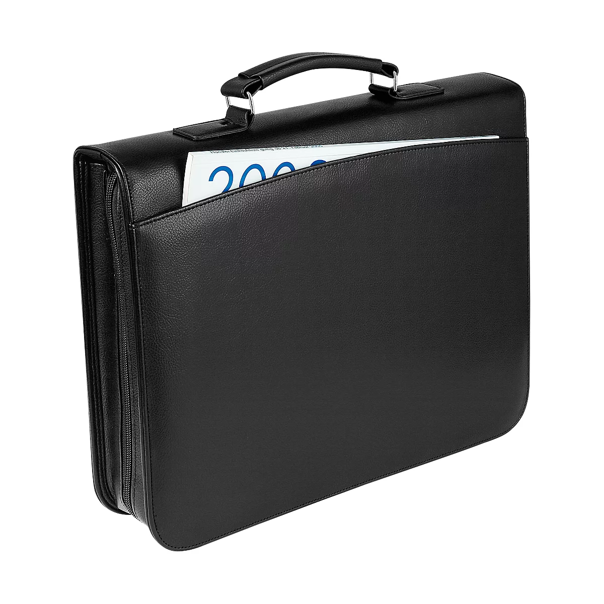 Black briefcase with handle and document. A white card with blue writing is in an outside pocket.