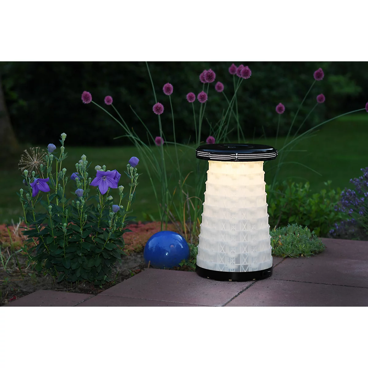 WEDO® SITTOGLOW® telescopische kruk, 3-traps LED-functie, 10-traps hoogteverstelling, draagriem, tot 130 kg, IPX4, B 262 x H 70-420 mm, zwart