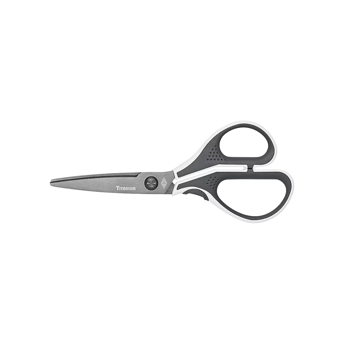 Scissors with grey blades and black handles, with white contour. Text "Titanium".