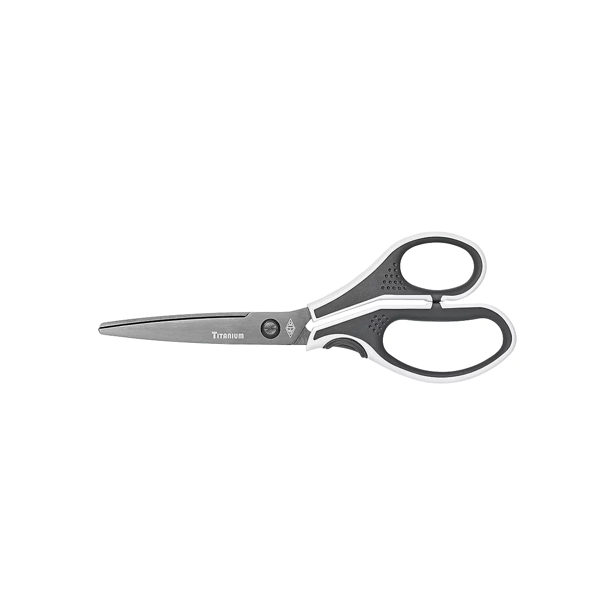 Scissors with gray blades and gray and white handles. "Titanium" is written on the blade.