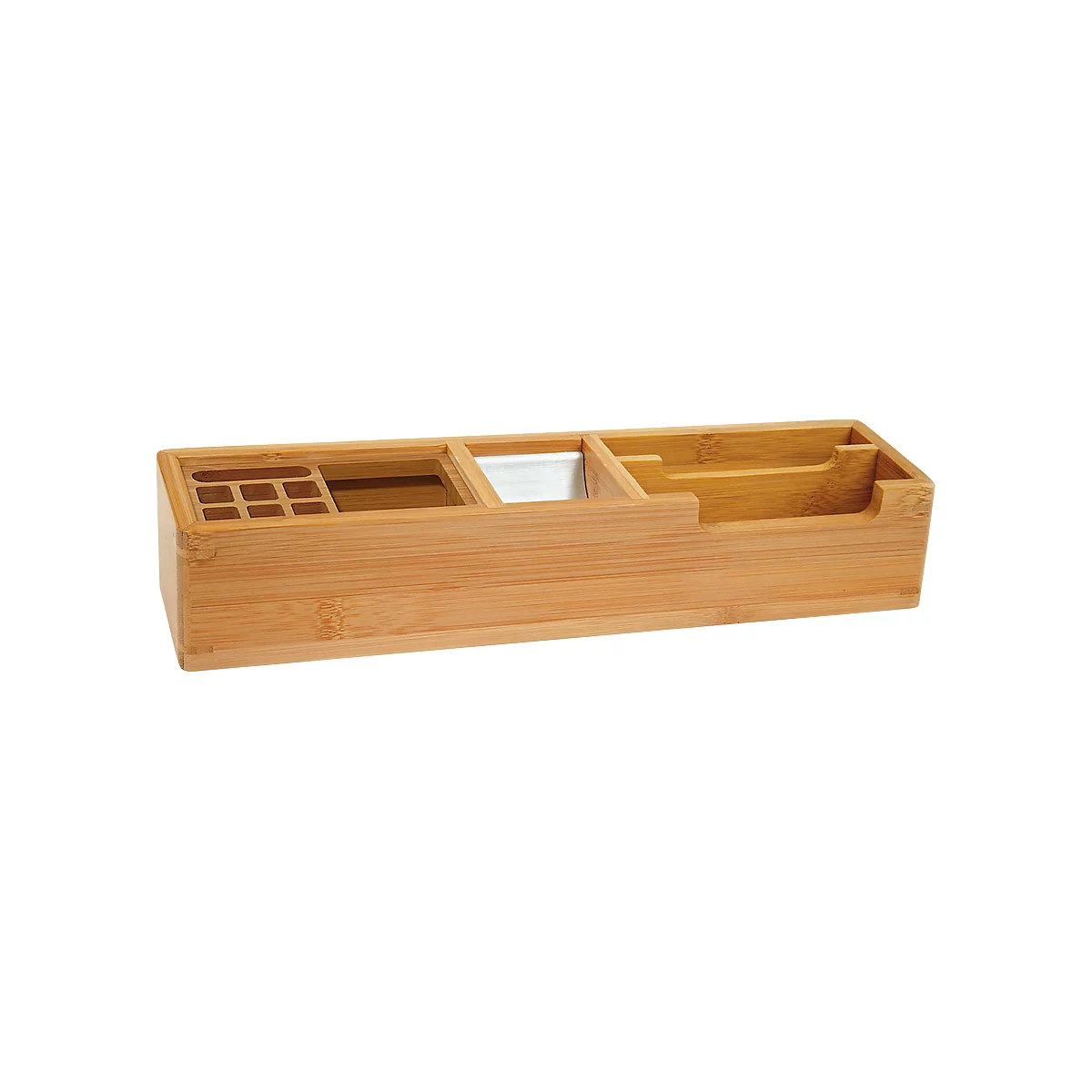 Bamboo desk organizer, divided into compartments for pens, notes, and accessories.