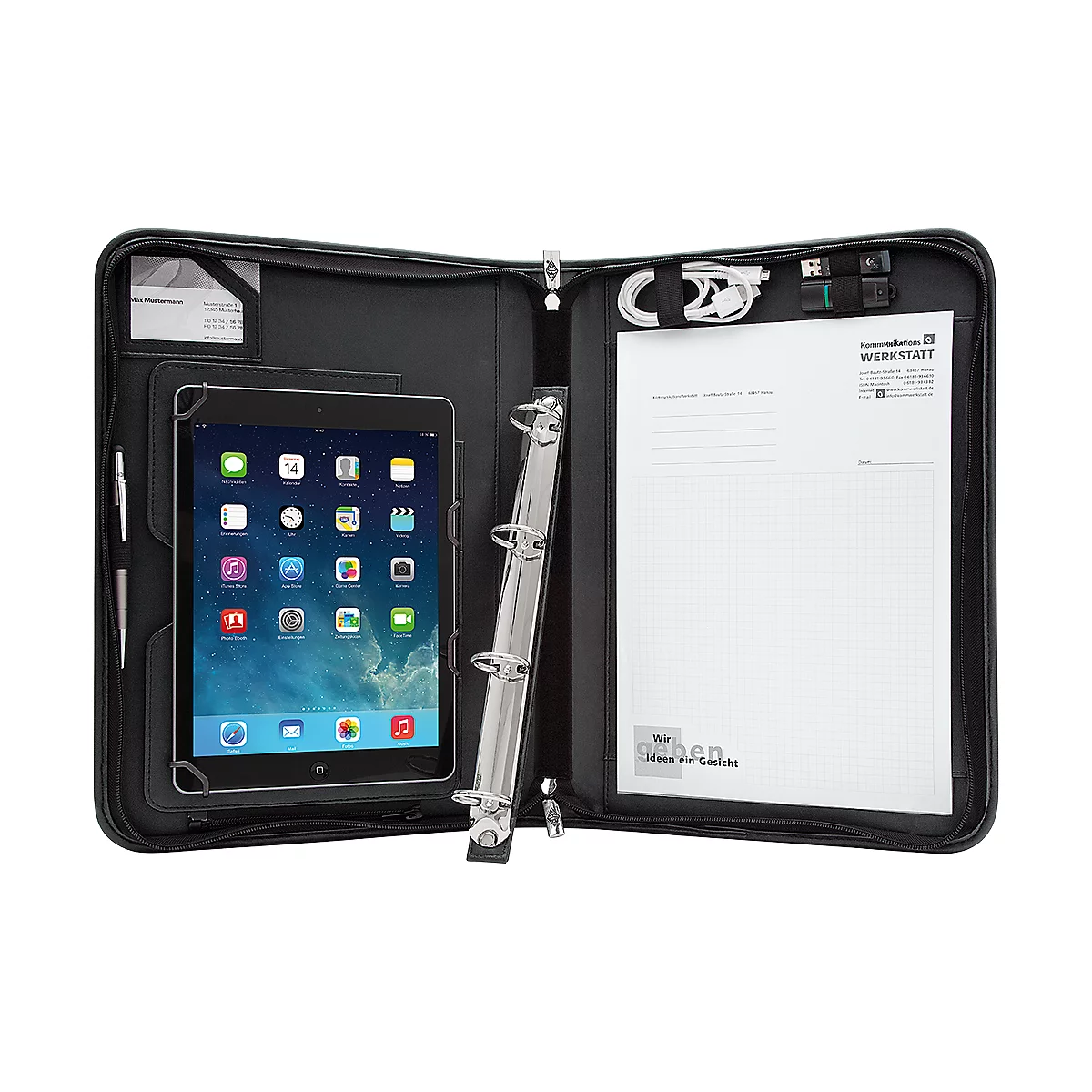 Black folder with iPad, pen, paper, cables, and binder. Logo: "Werkstatt".