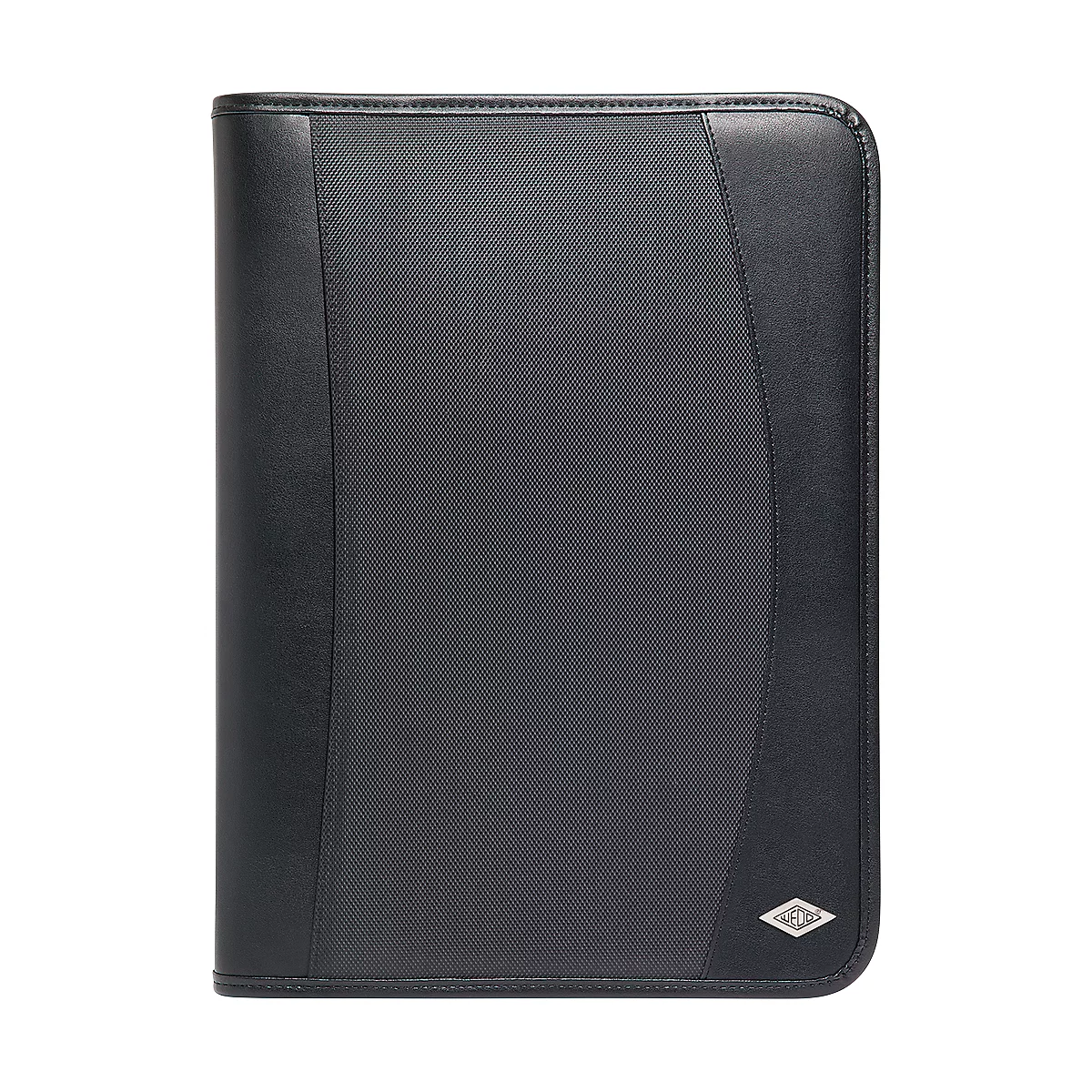 Black leather folder with zipper and logo.